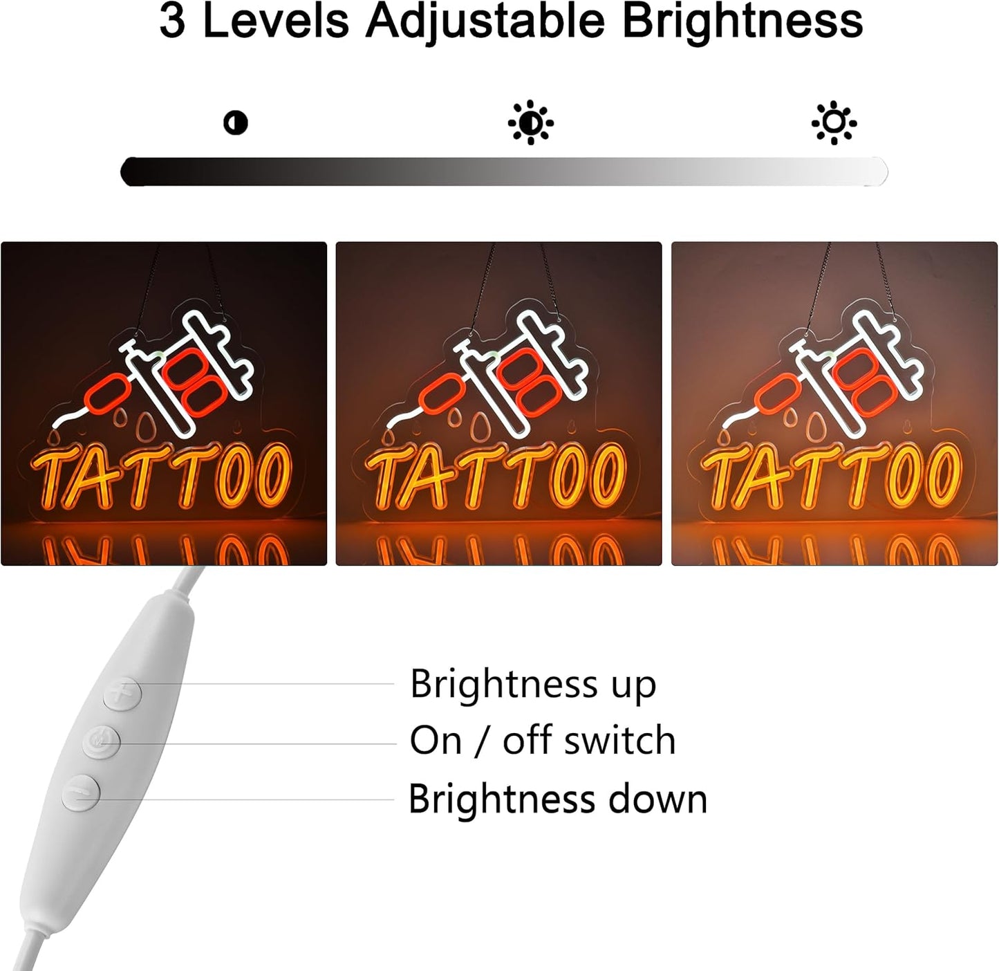 LED tattoo neon sign in red and orange featuring a tattoo machine and dripping ink