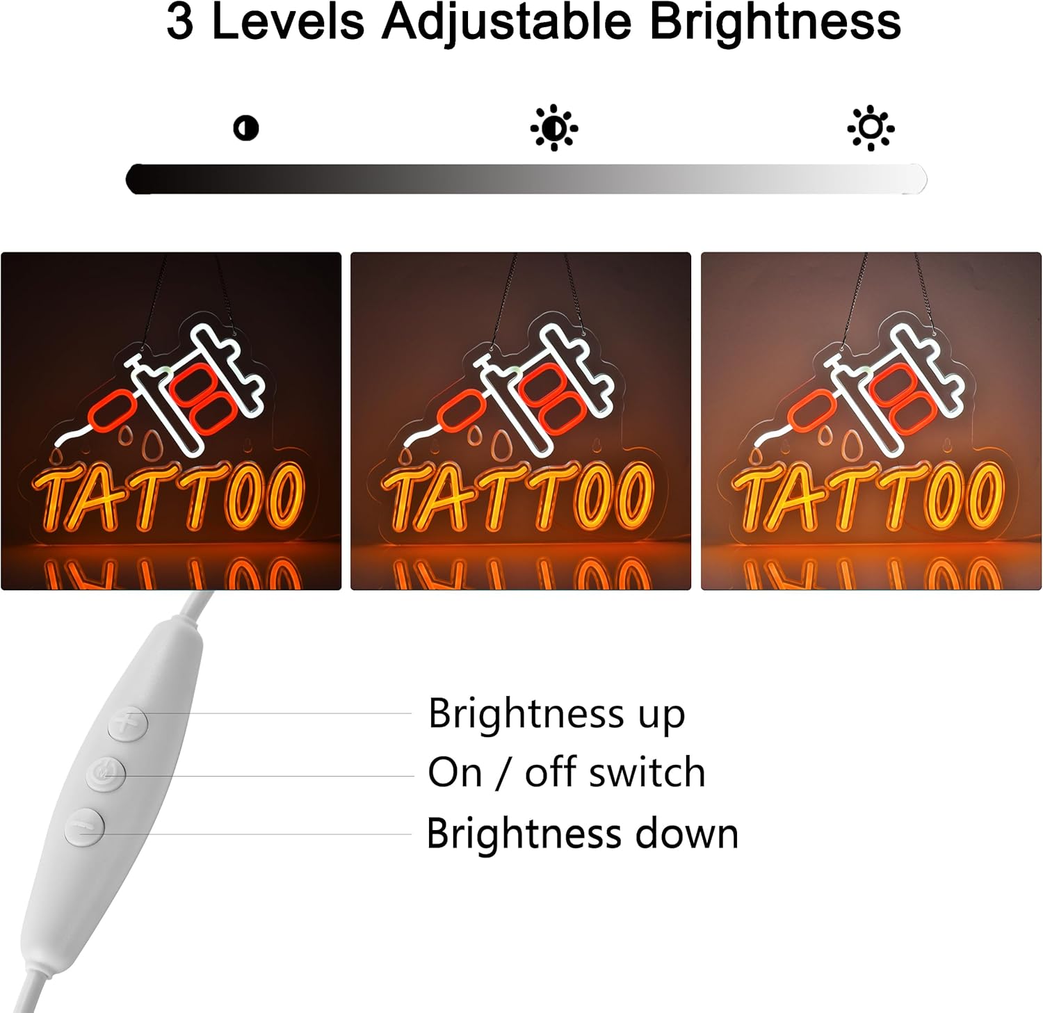 LED tattoo neon sign in red and orange featuring a tattoo machine and dripping ink