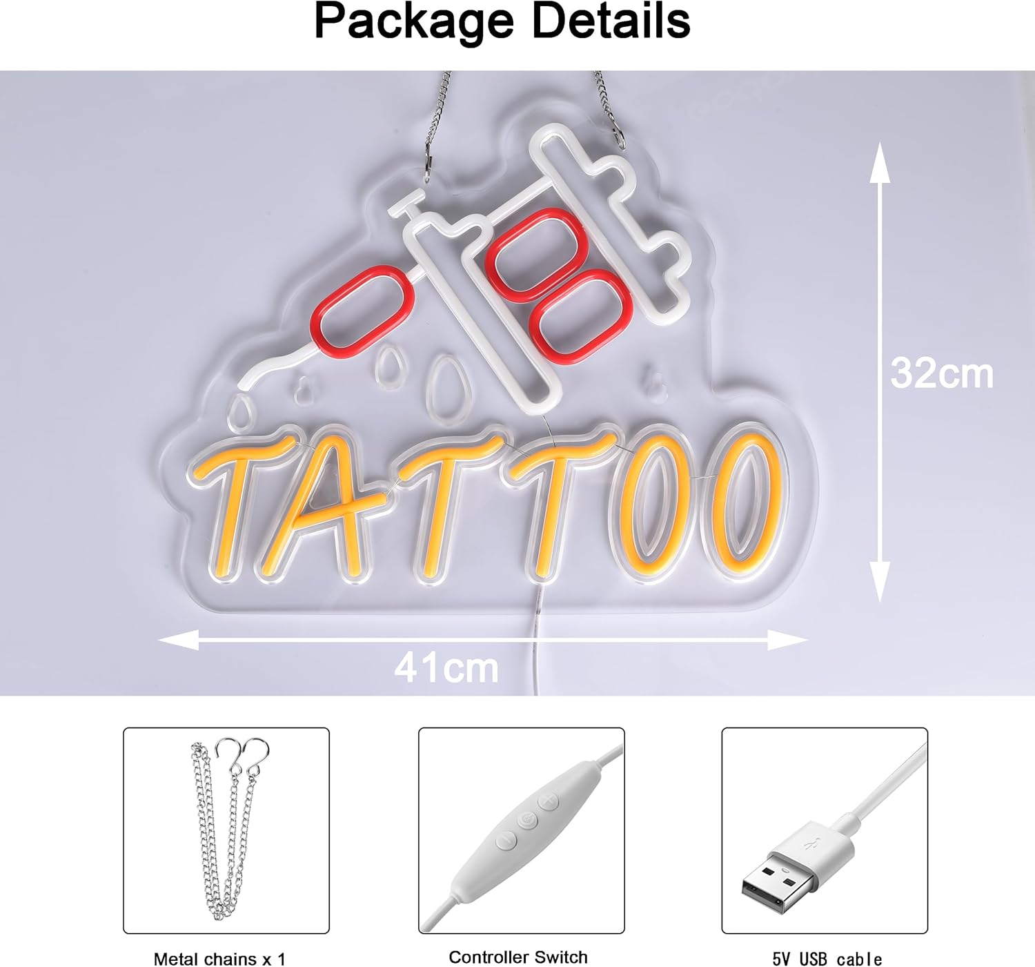 LED tattoo neon sign in red and orange featuring a tattoo machine and dripping ink