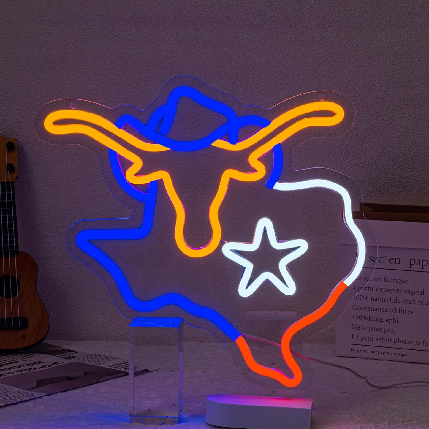 Colorful Texas longhorn bull neon sign in bright LED lights