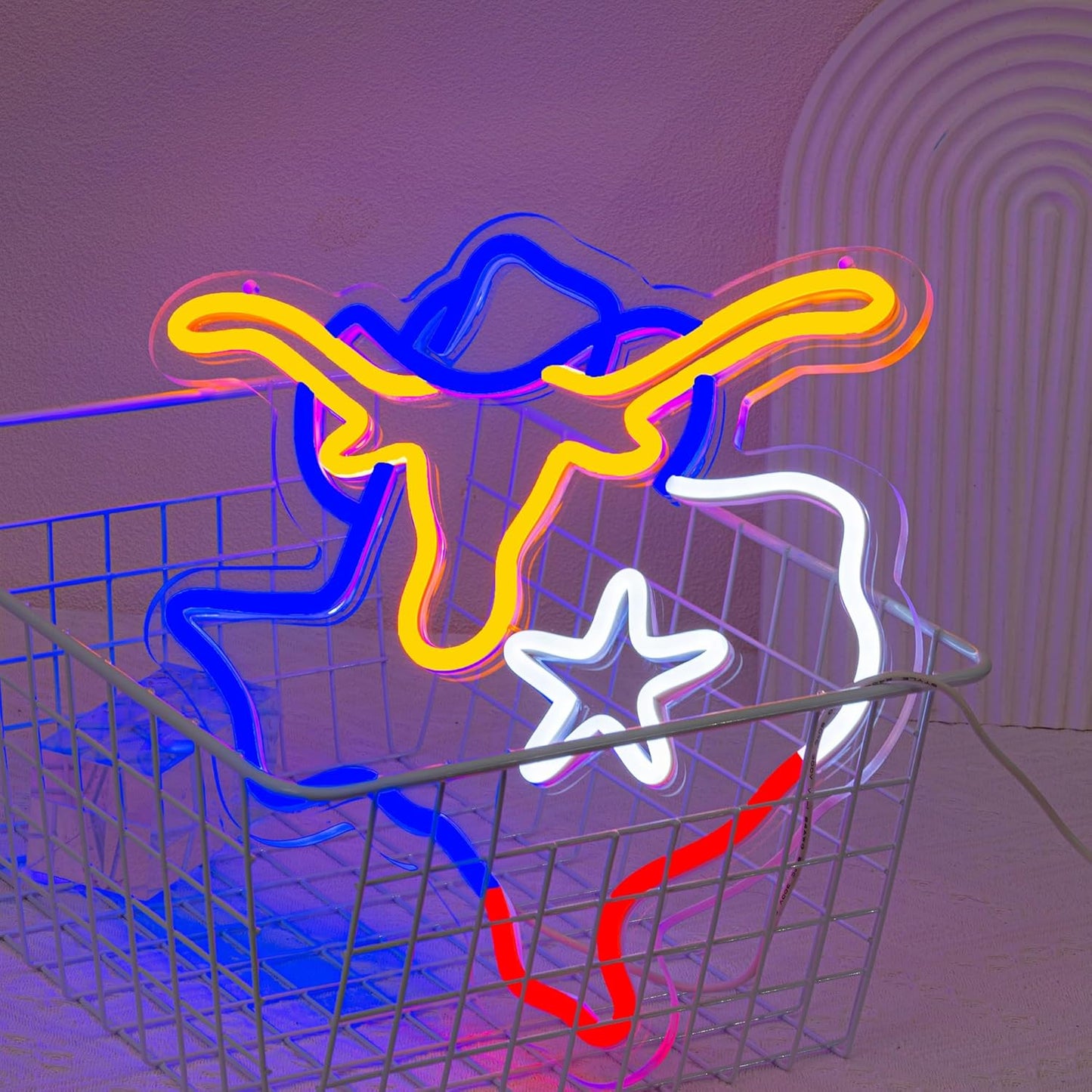 Colorful Texas longhorn bull neon sign in bright LED lights