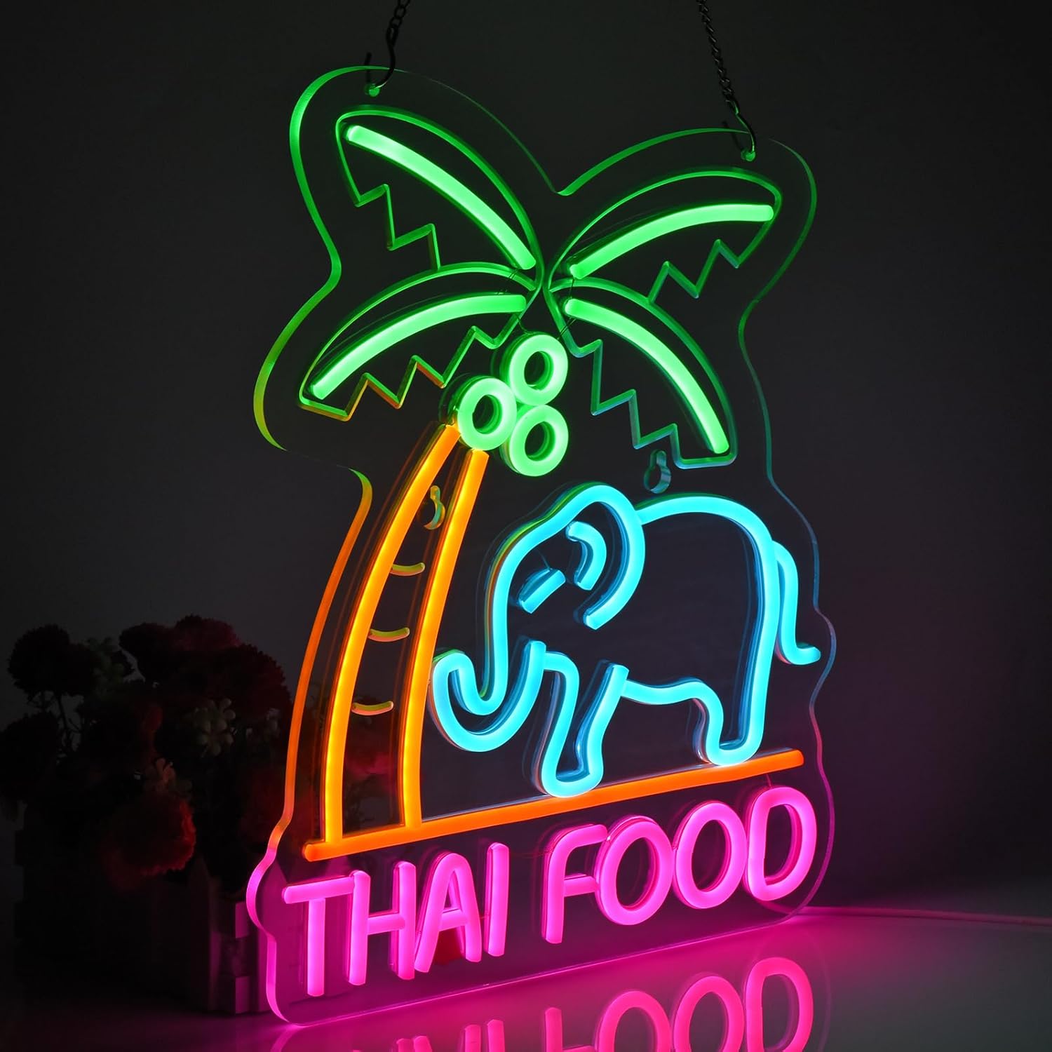 LED Thai food neon sign with elephant and palm tree design for restaurant decor