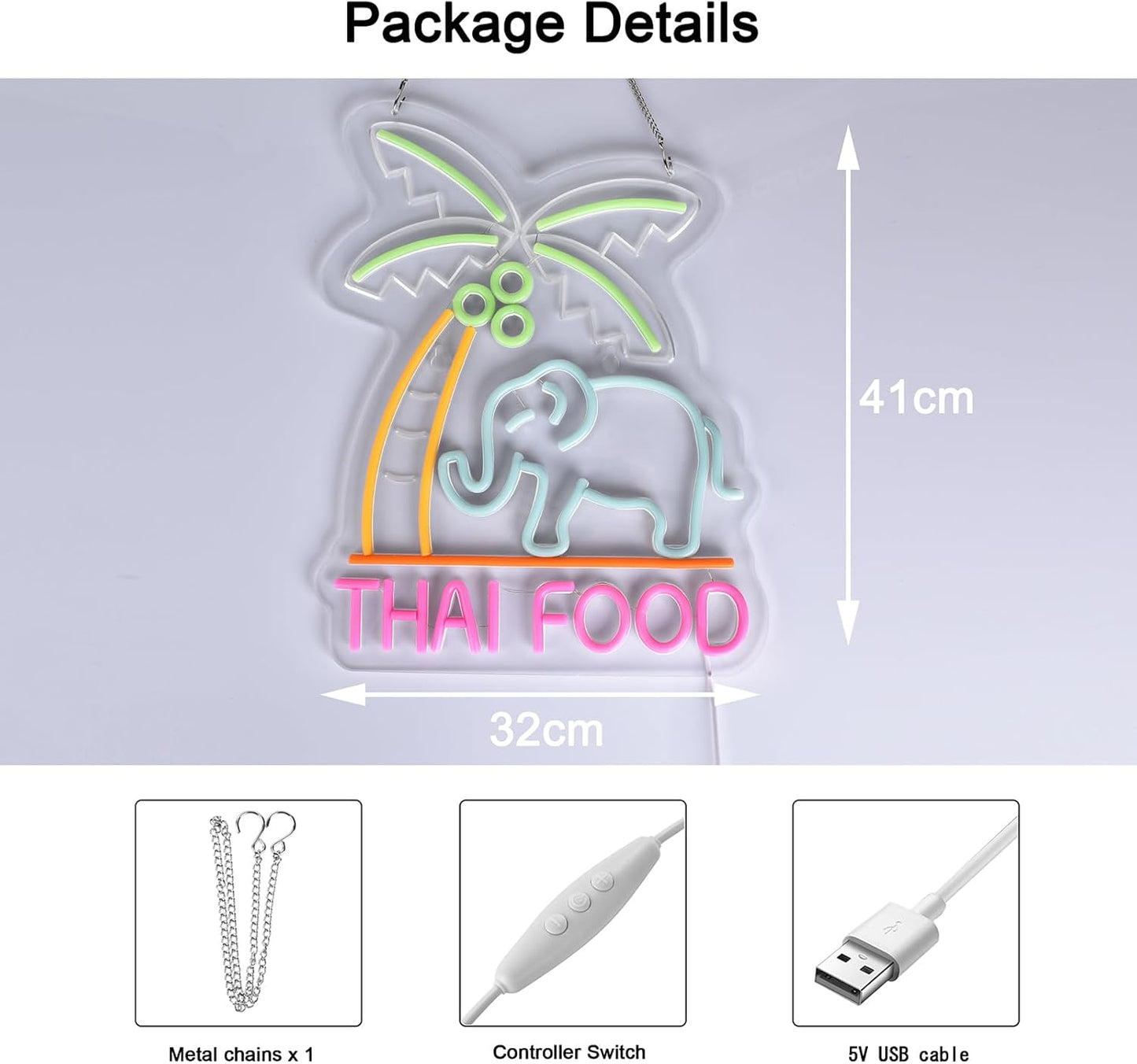 LED Thai food neon sign with elephant and palm tree design for restaurant decor