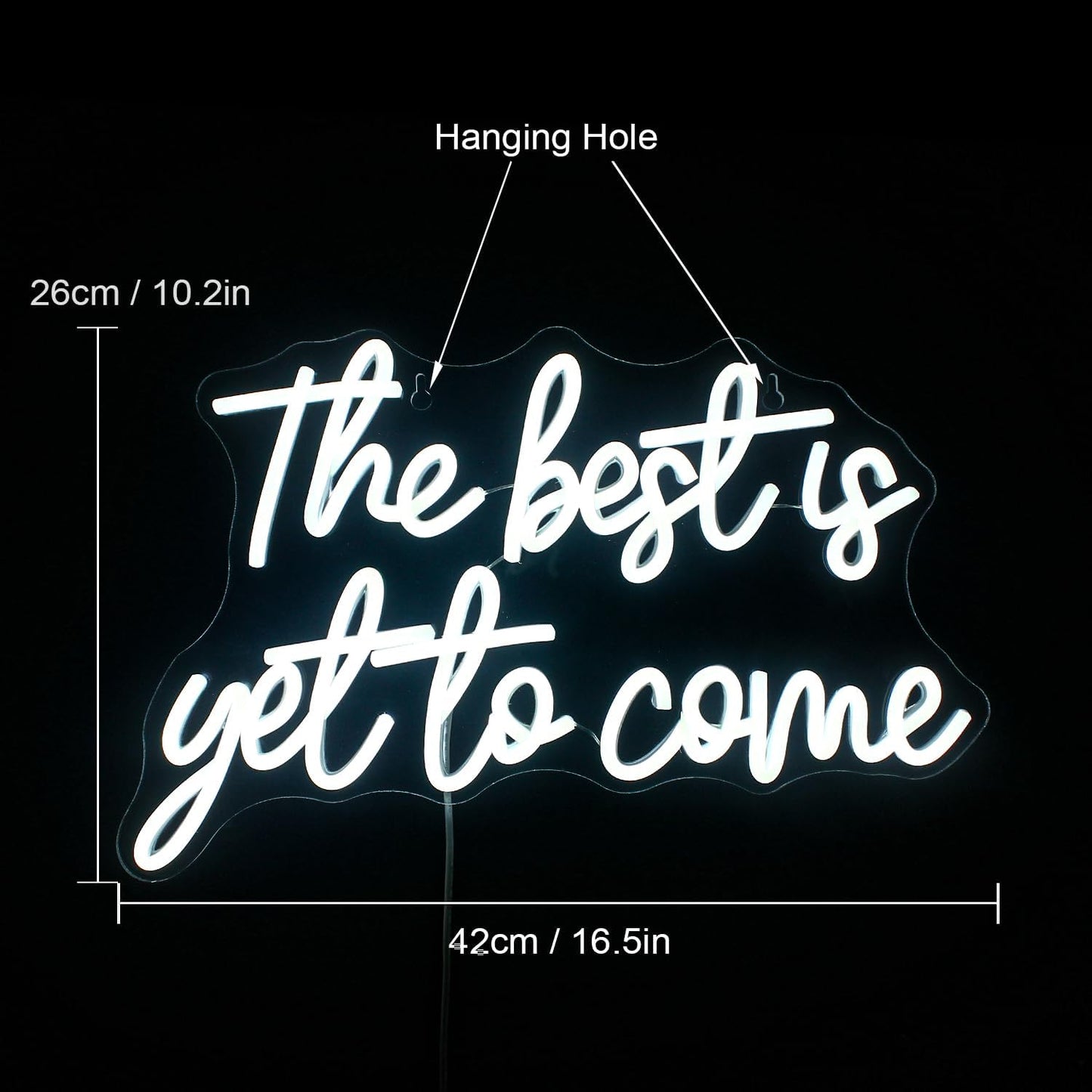 White neon sign that says “The best is yet to come” in cursive script, ideal for weddings, bedrooms, or motivational spaces