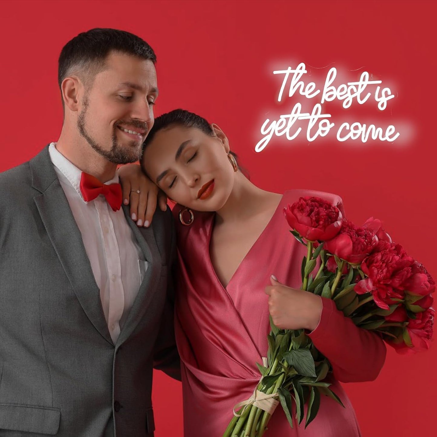 White neon sign that says “The best is yet to come” in cursive script, ideal for weddings, bedrooms, or motivational spaces