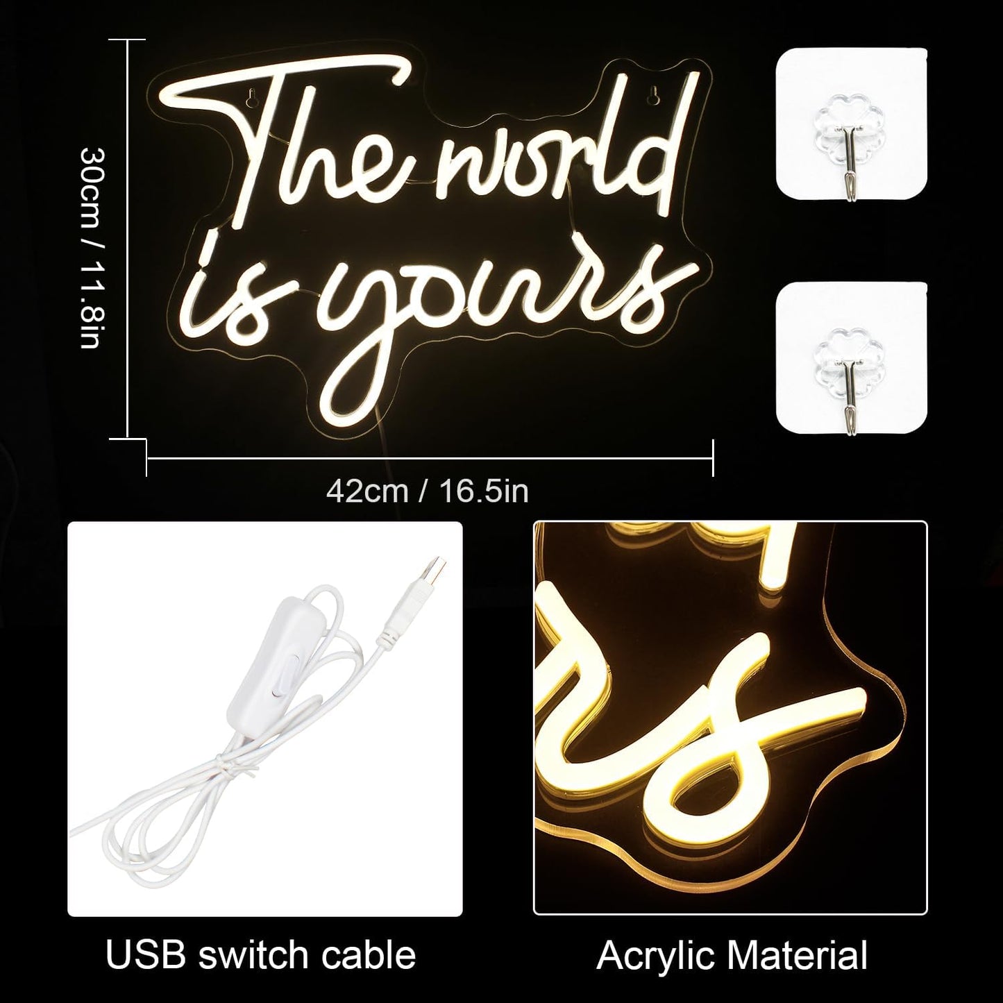 The world is your neon sign in warm white LED light, inspirational wall decor