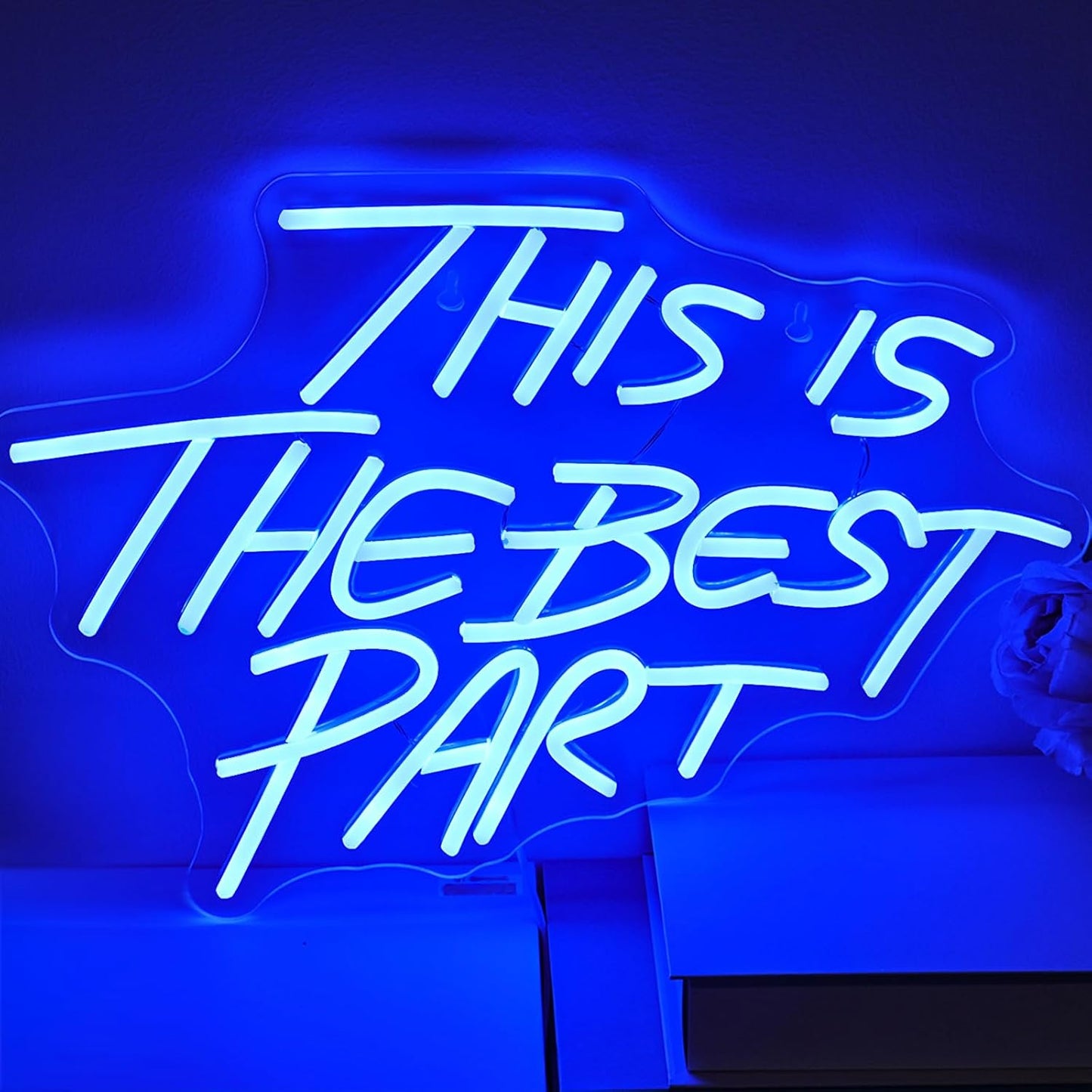 Inspirational neon quote sign saying “This is the best part” for wedding or bedroom decor