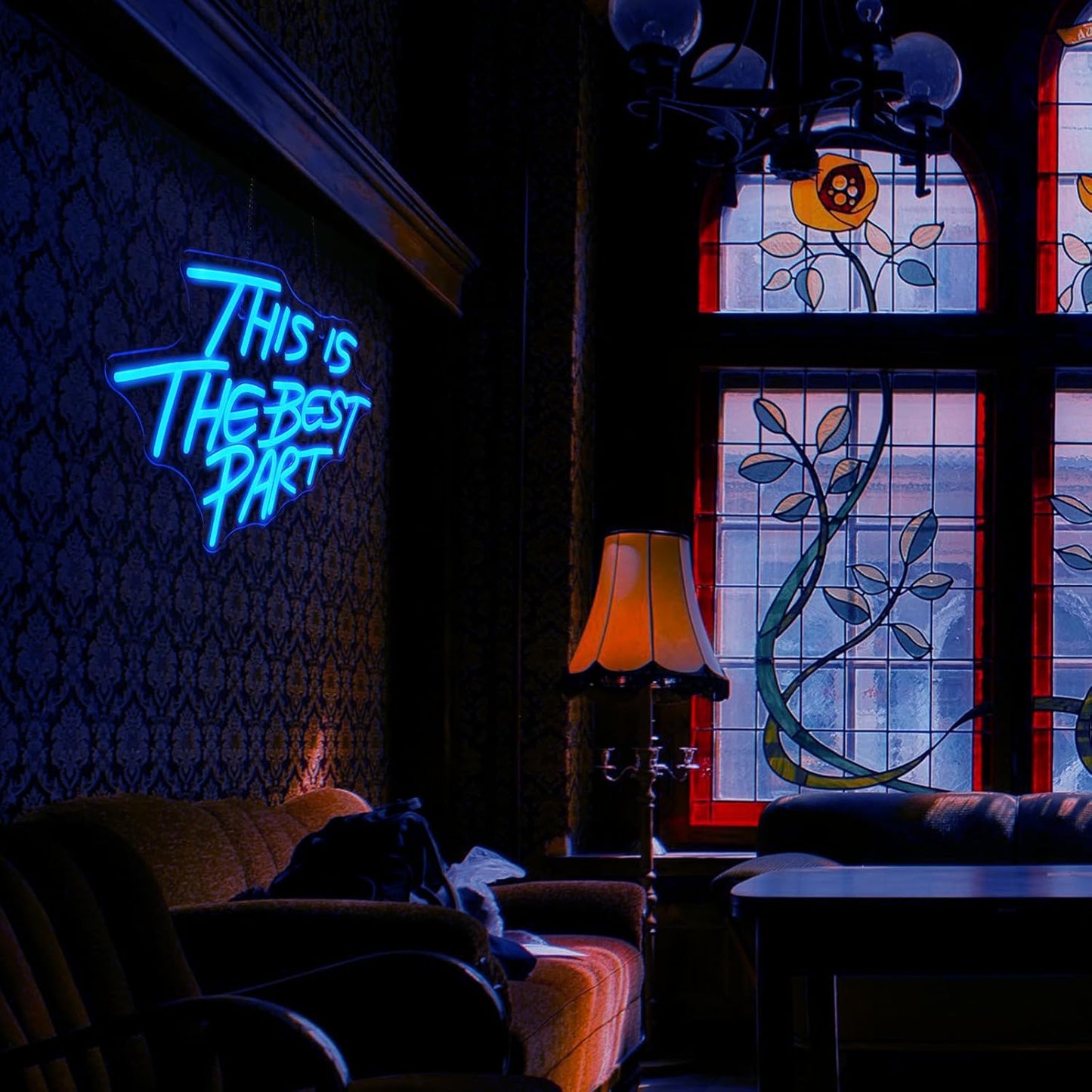 Inspirational neon quote sign saying “This is the best part” for wedding or bedroom decor