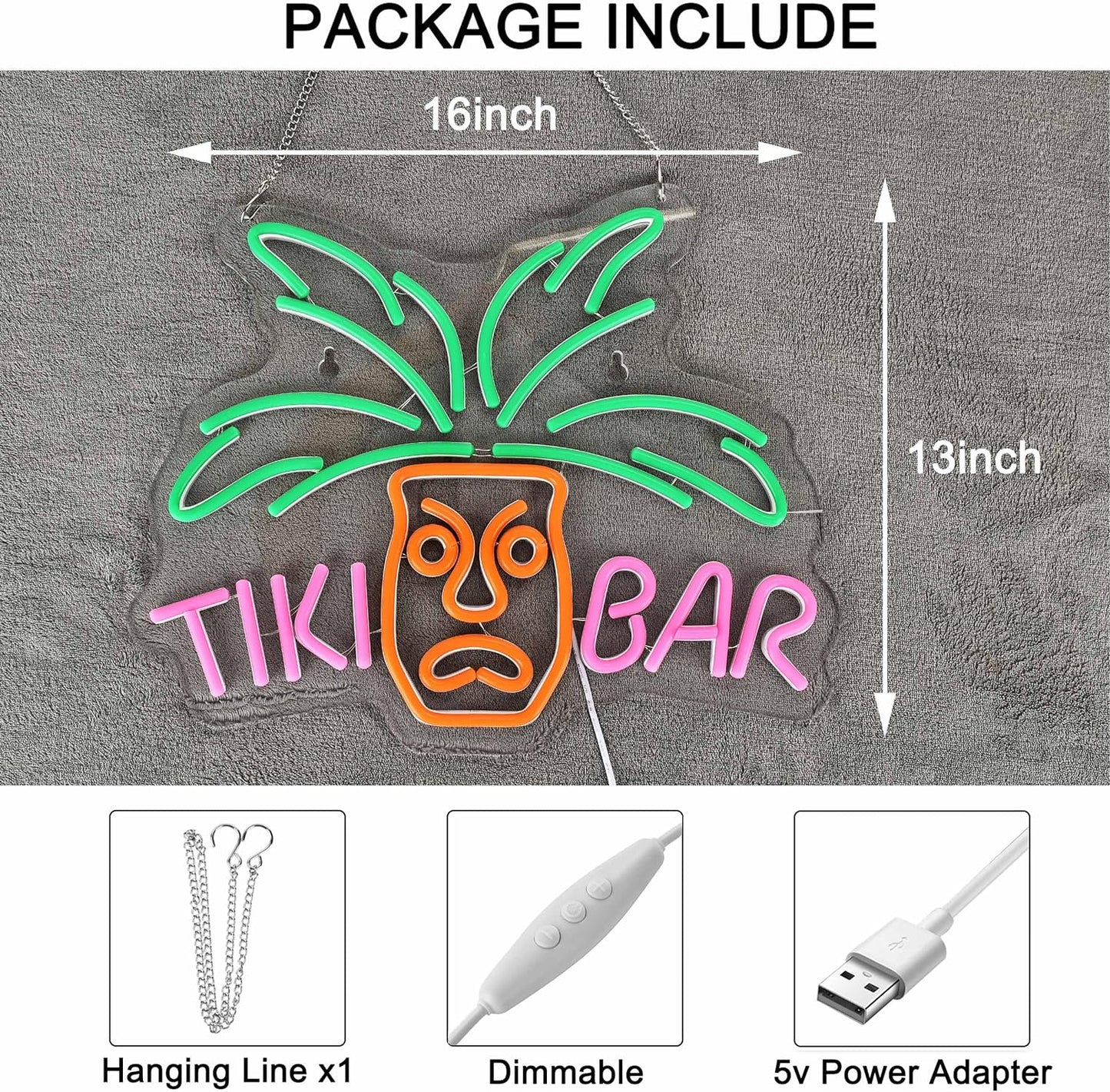 TIKI BAR neon sign with LED light – tropical decor for bar, home or beach party