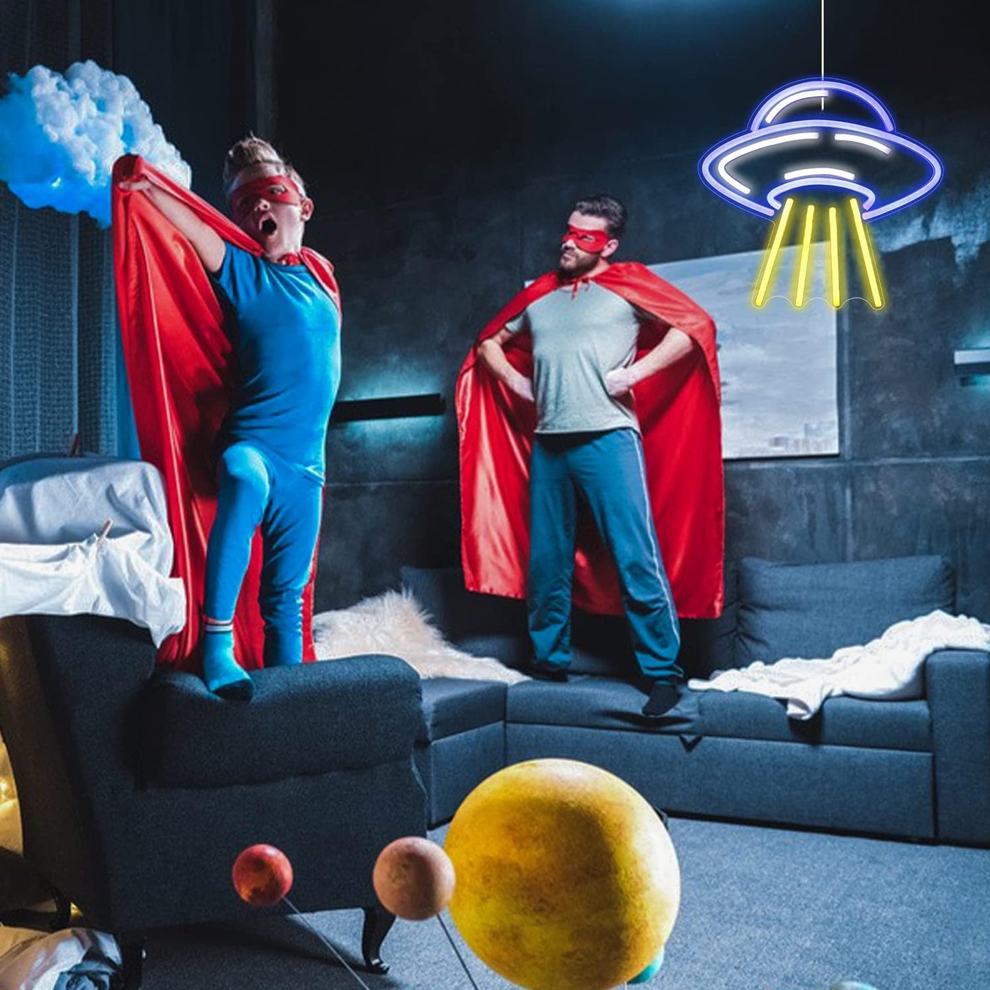 UFO neon sign – Glowing LED wall light for space lovers, alien-themed rooms, and futuristic decor setups