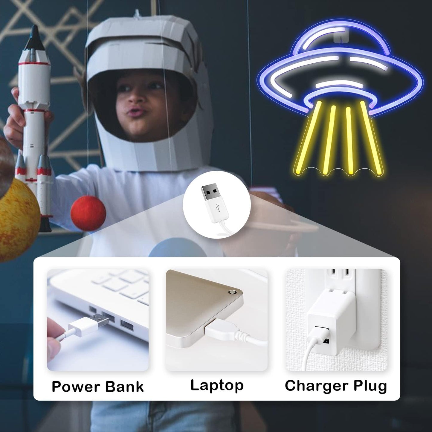 UFO neon sign – Glowing LED wall light for space lovers, alien-themed rooms, and futuristic decor setups