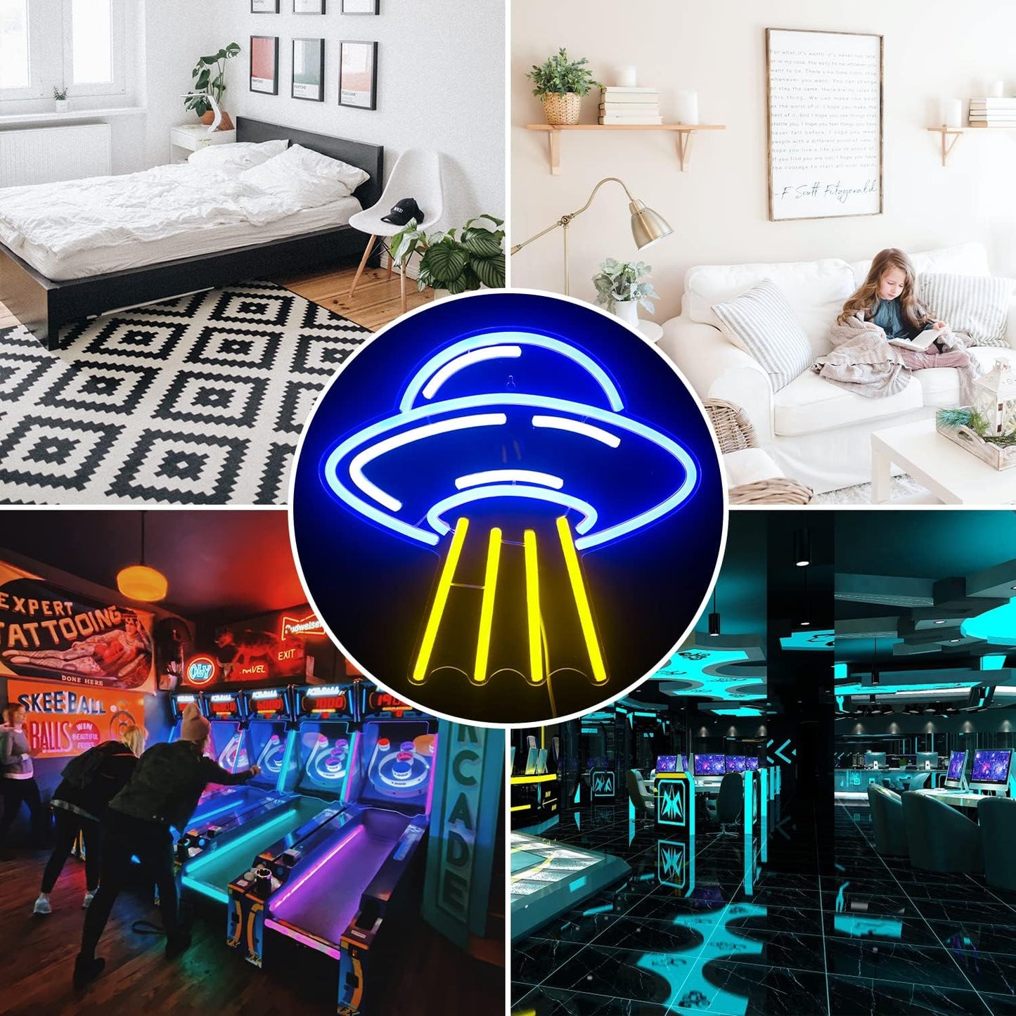 UFO neon sign – Glowing LED wall light for space lovers, alien-themed rooms, and futuristic decor setups