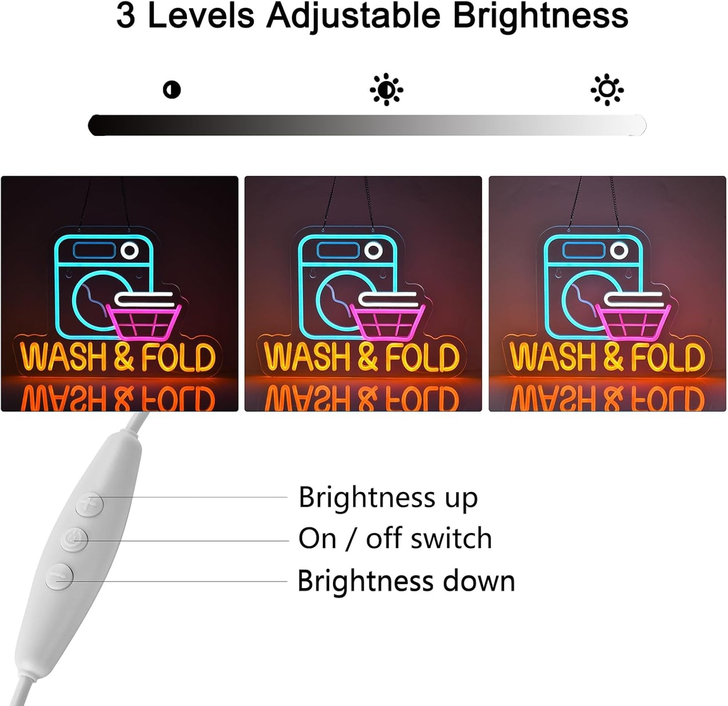 LED neon sign of a washing machine and laundry basket with “WASH & FOLD” text