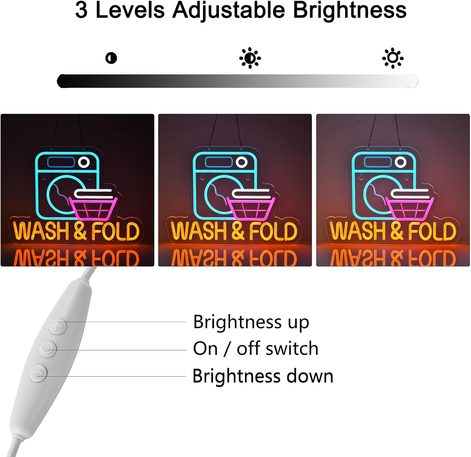 LED neon sign of a washing machine and laundry basket with “WASH & FOLD” text