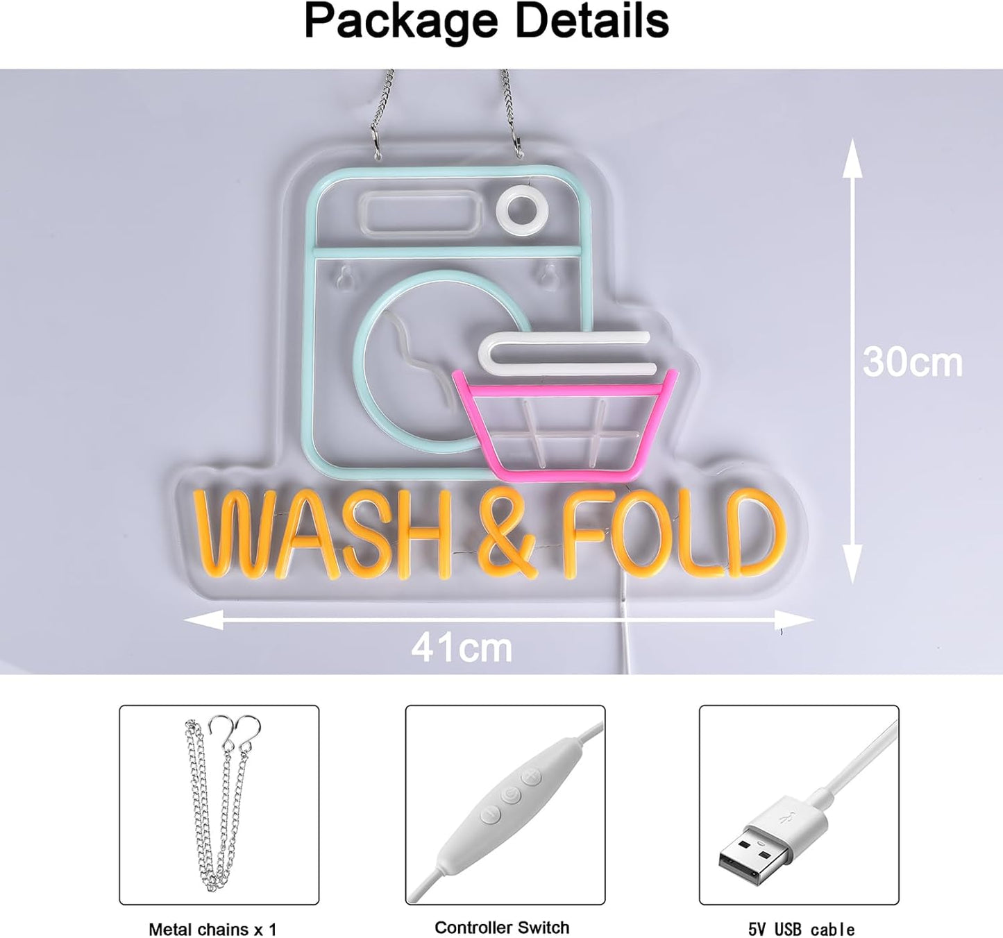 LED neon sign of a washing machine and laundry basket with “WASH & FOLD” text