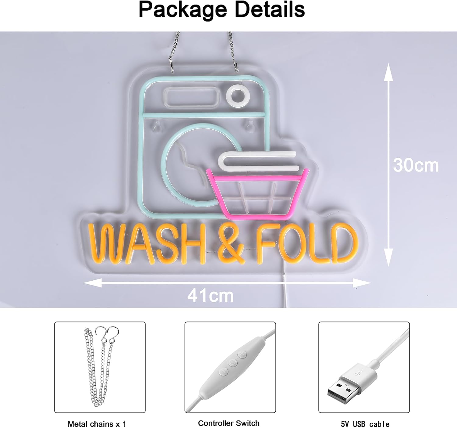 LED neon sign of a washing machine and laundry basket with “WASH & FOLD” text