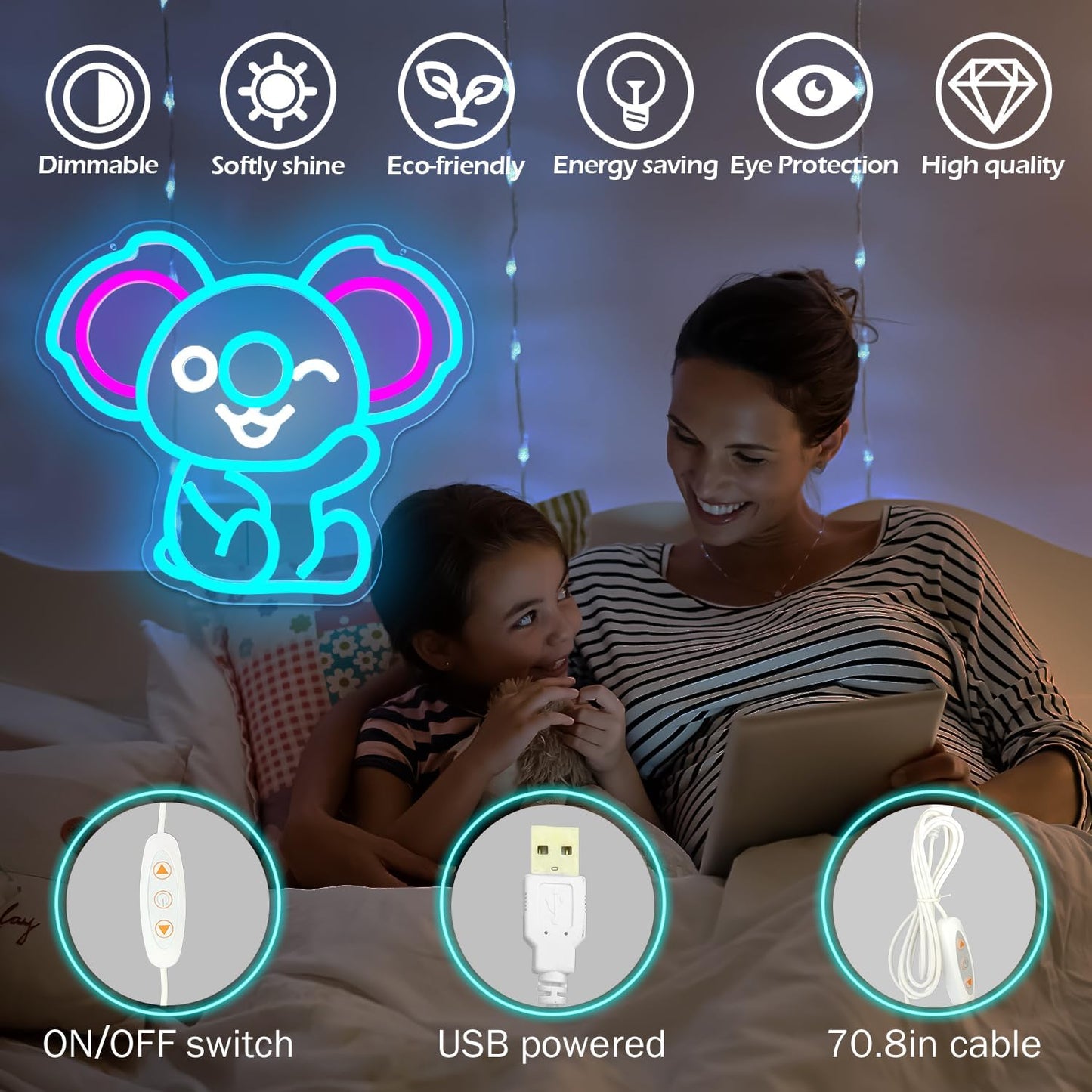 Waving koala neon sign with LED lights for kids room or animal-themed decor
