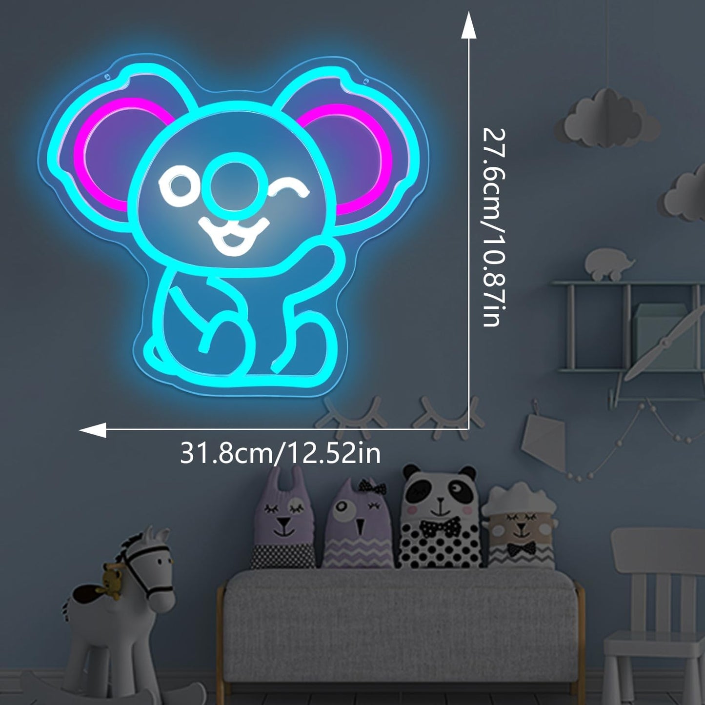 Waving koala neon sign with LED lights for kids room or animal-themed decor