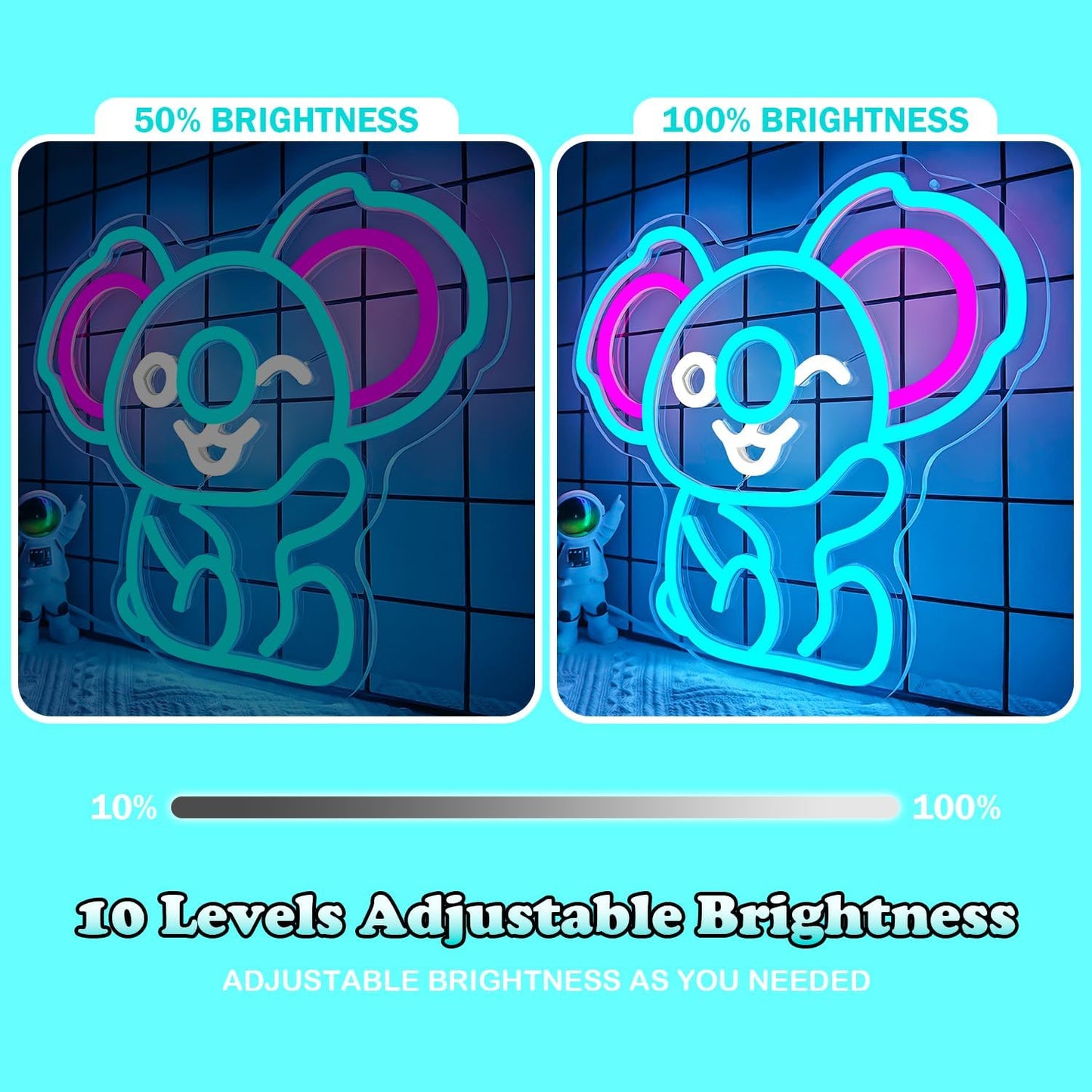 Waving koala neon sign with LED lights for kids room or animal-themed decor