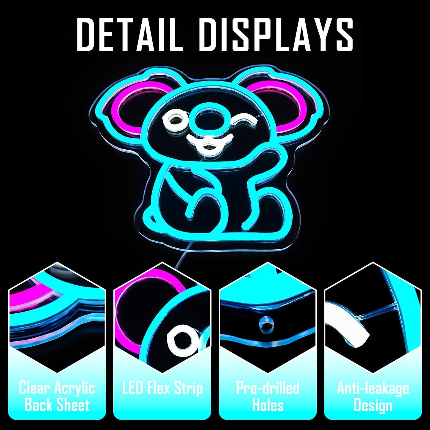 Waving koala neon sign with LED lights for kids room or animal-themed decor