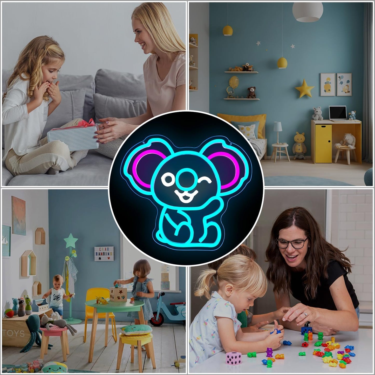 Waving koala neon sign with LED lights for kids room or animal-themed decor