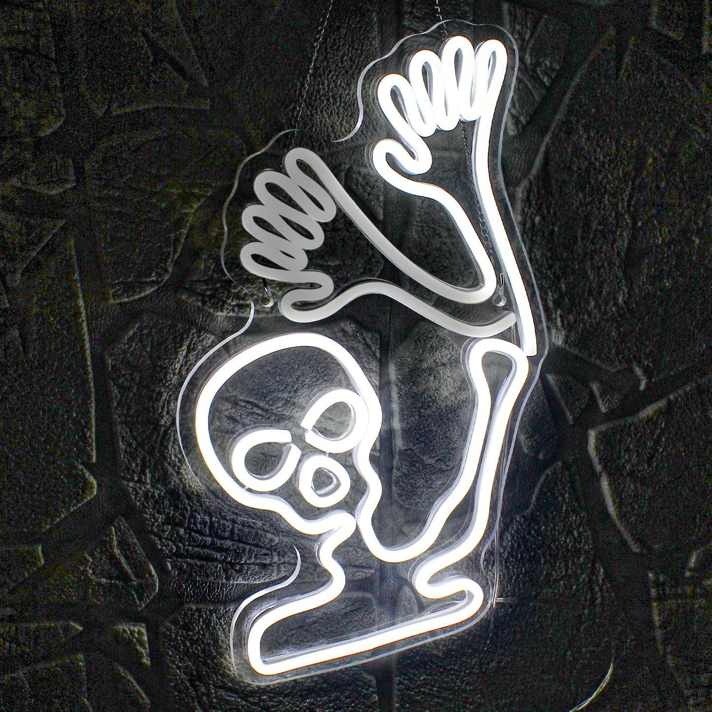 Waving skeleton neon sign with white LED glow and UV printed acrylic design