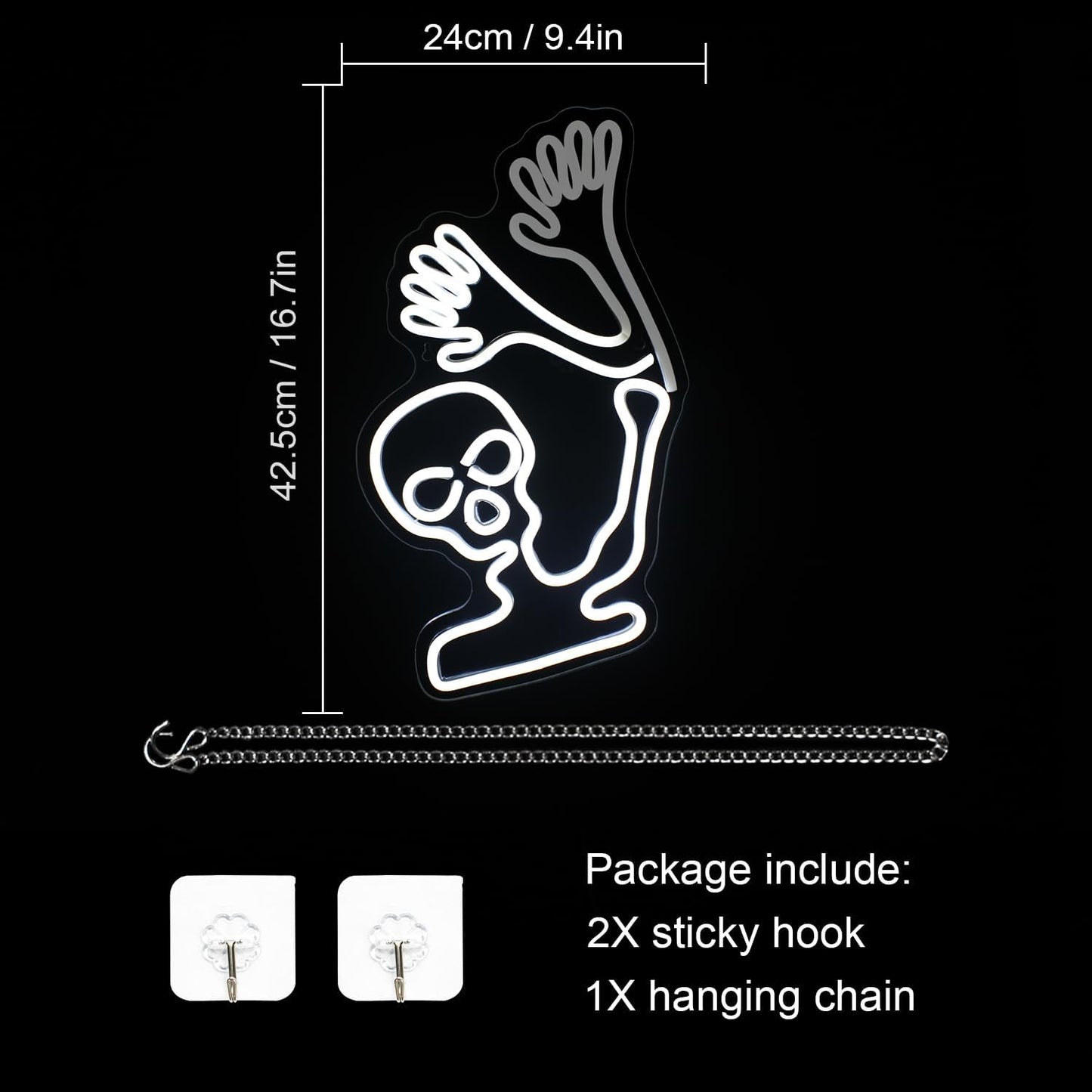 Waving skeleton neon sign with white LED glow and UV printed acrylic design