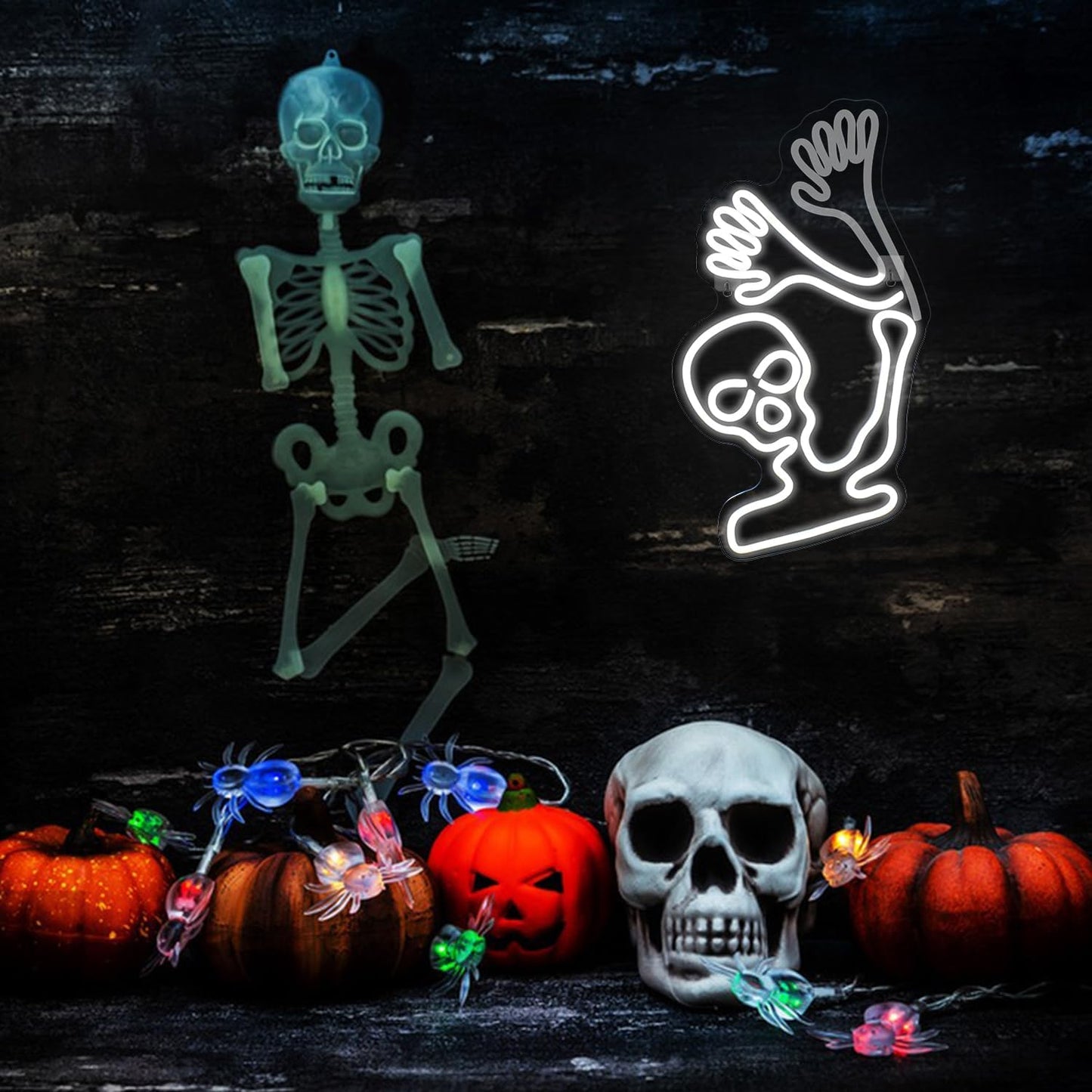 Waving skeleton neon sign with white LED glow and UV printed acrylic design