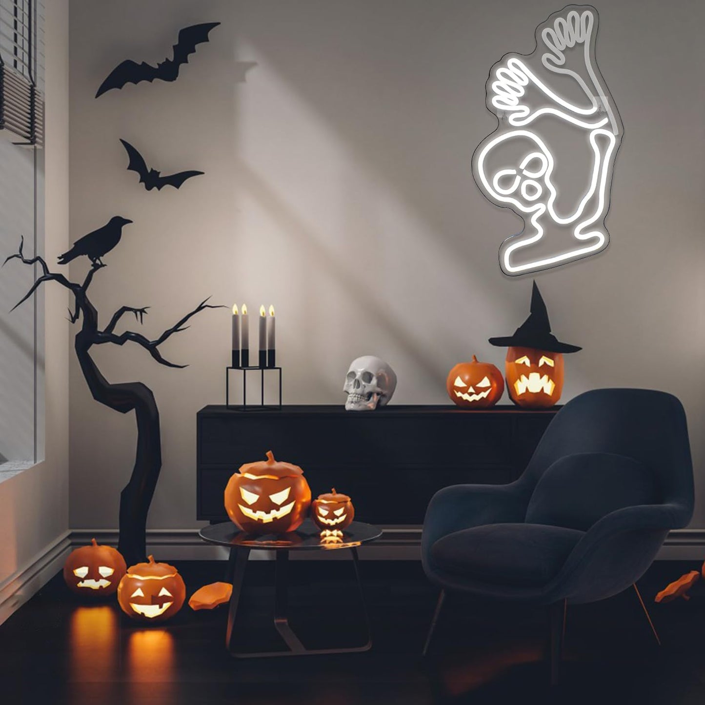 Waving skeleton neon sign with white LED glow and UV printed acrylic design