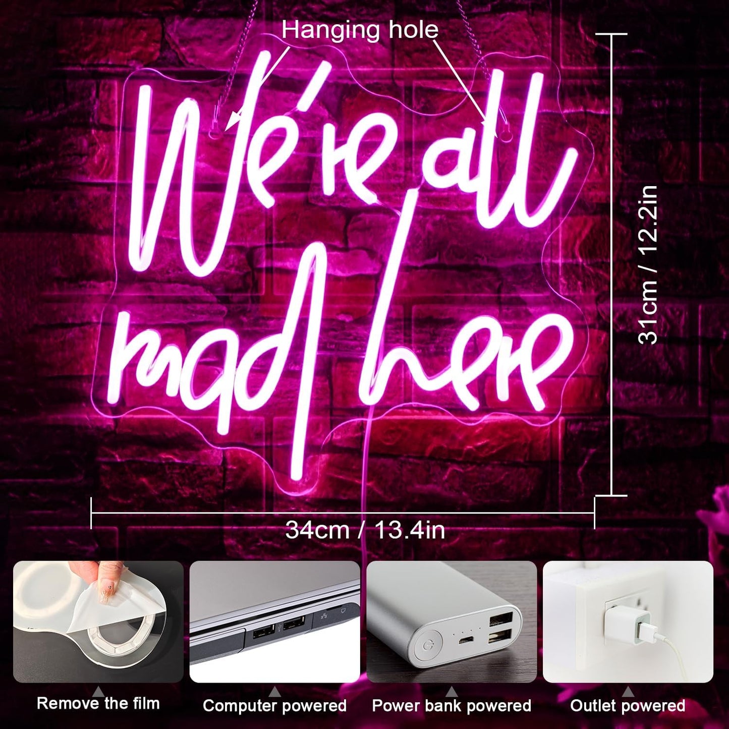 Wonderland-inspired neon sign with quote “We’re all mad here” in glowing LED