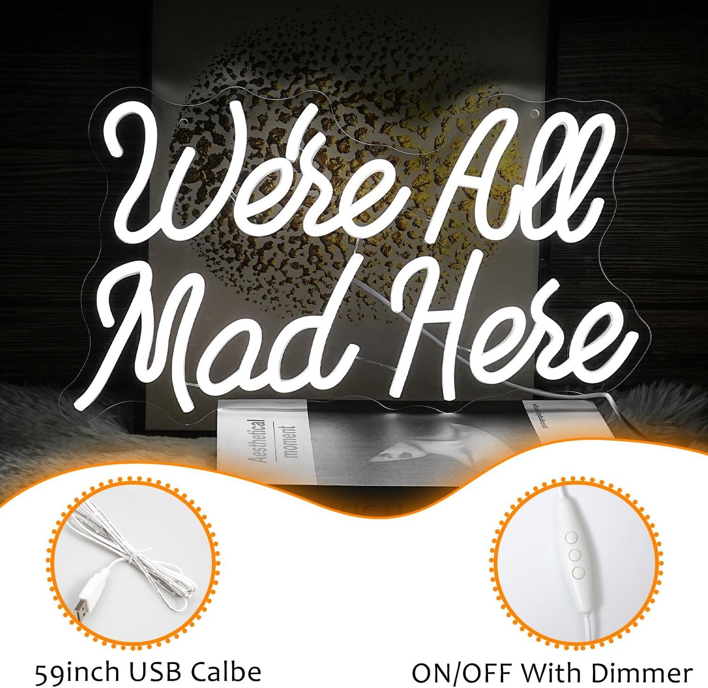 White LED neon sign with ‘We’re All Mad Here’ text – fun wall decor inspired by Alice in Wonderland