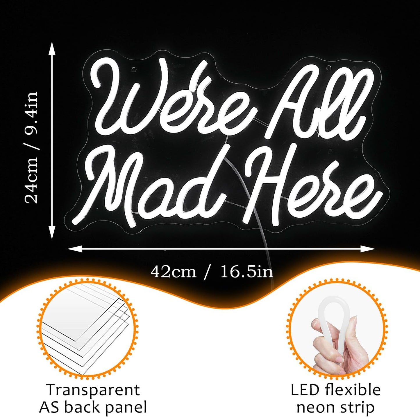 White LED neon sign with ‘We’re All Mad Here’ text – fun wall decor inspired by Alice in Wonderland