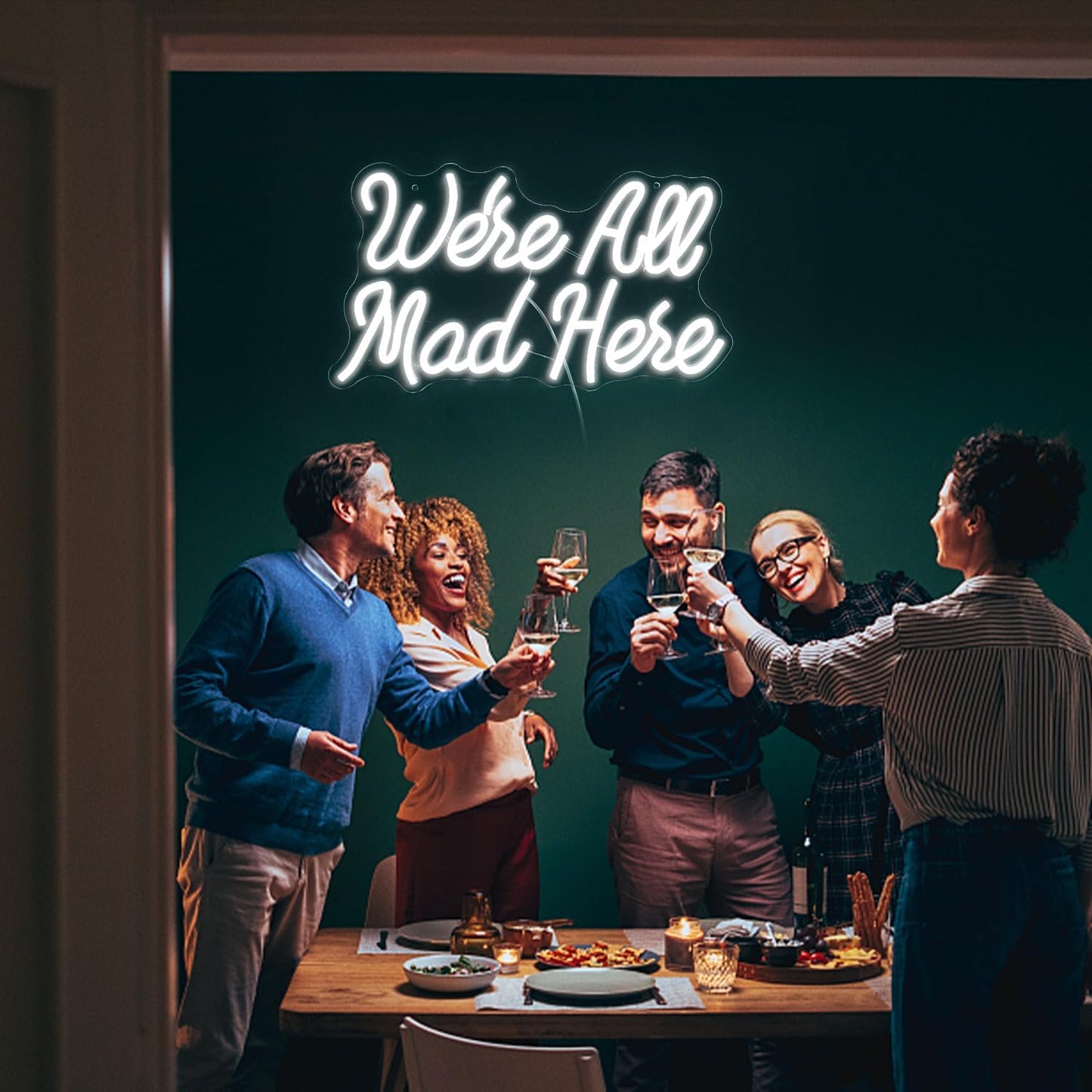 White LED neon sign with ‘We’re All Mad Here’ text – fun wall decor inspired by Alice in Wonderland
