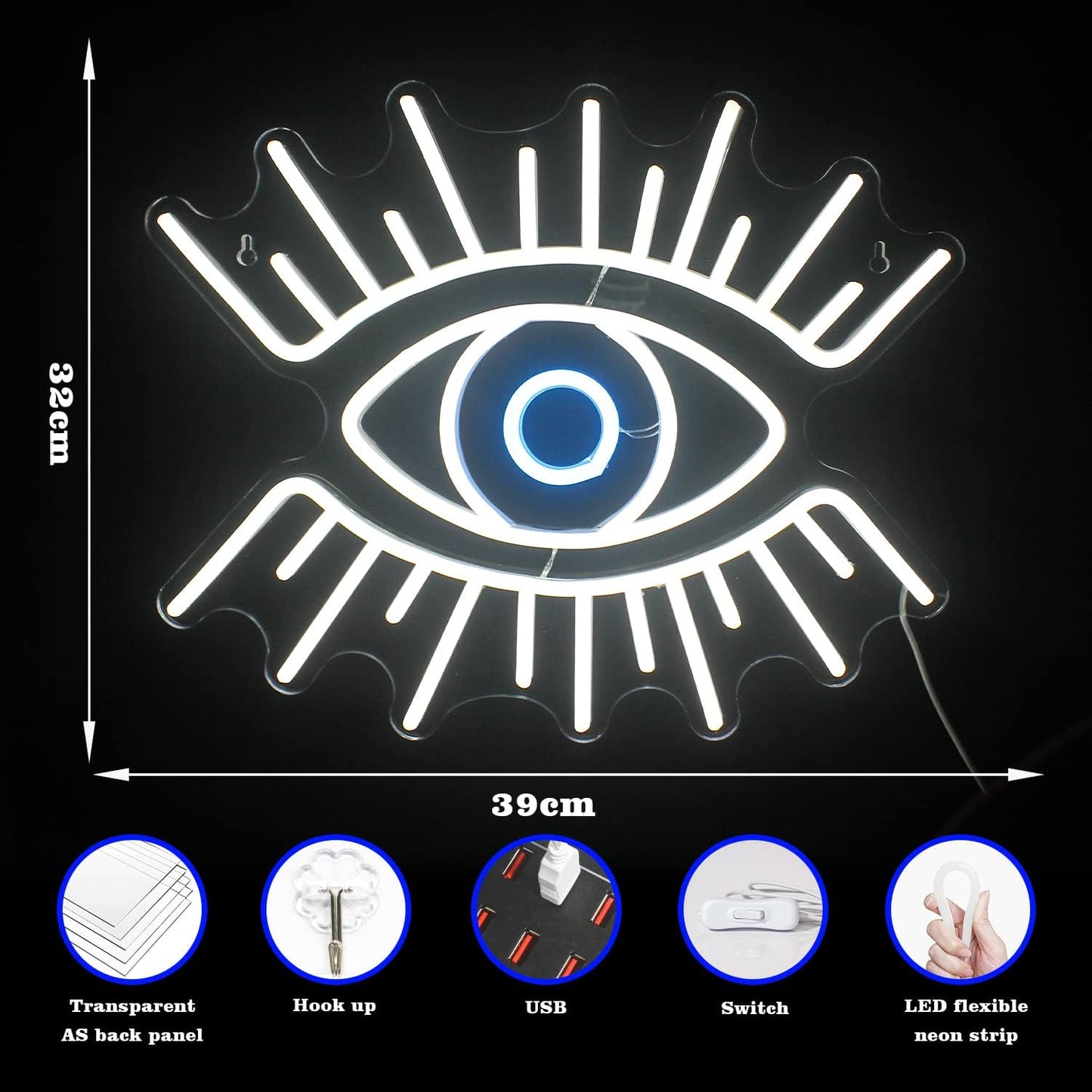 White Eye Neon Sign - LED Wall Hanging Light for Home, Bar, and Aesthetic Decor - Deen neon