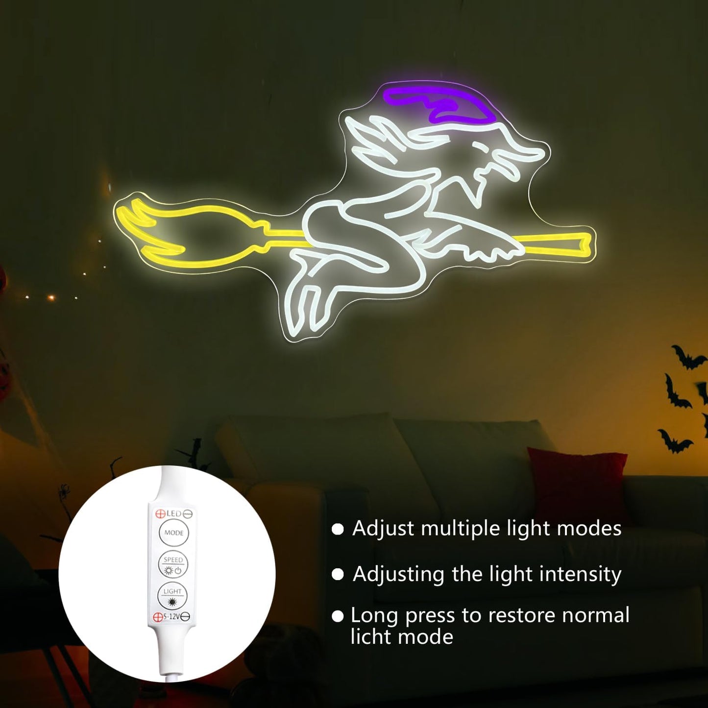 Witch on Broom Neon Sign – Halloween Decor LED Light