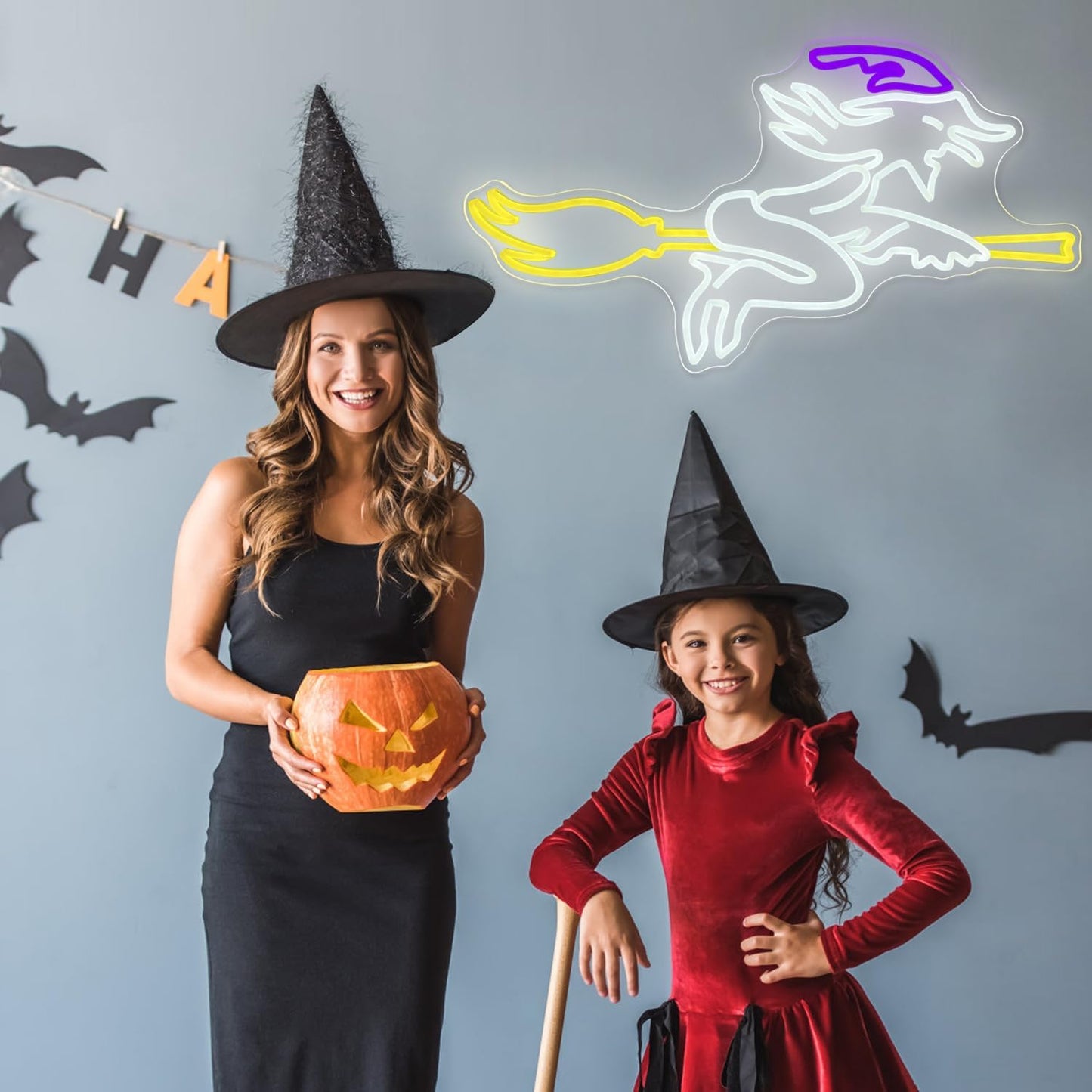 Witch on Broom Neon Sign – Halloween Decor LED Light
