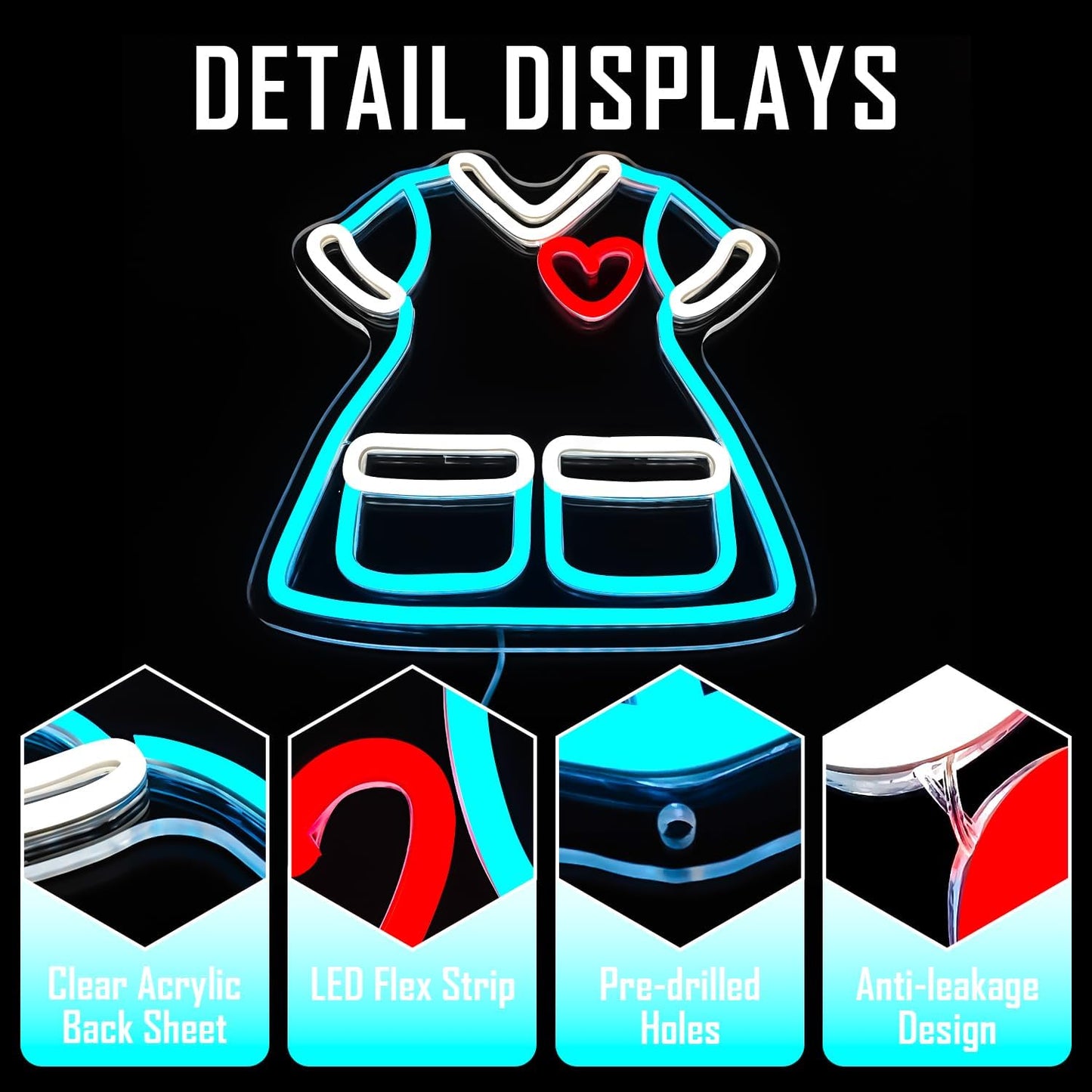 Neon sign of a woman’s dress with heart pocket – LED wall decor for fashion lovers