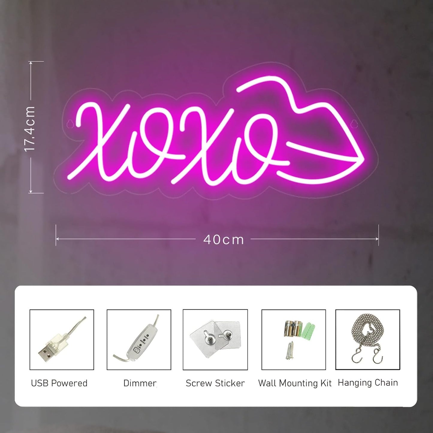 Pink XOXO and lips neon sign – romantic LED wall light for bedroom or gifts