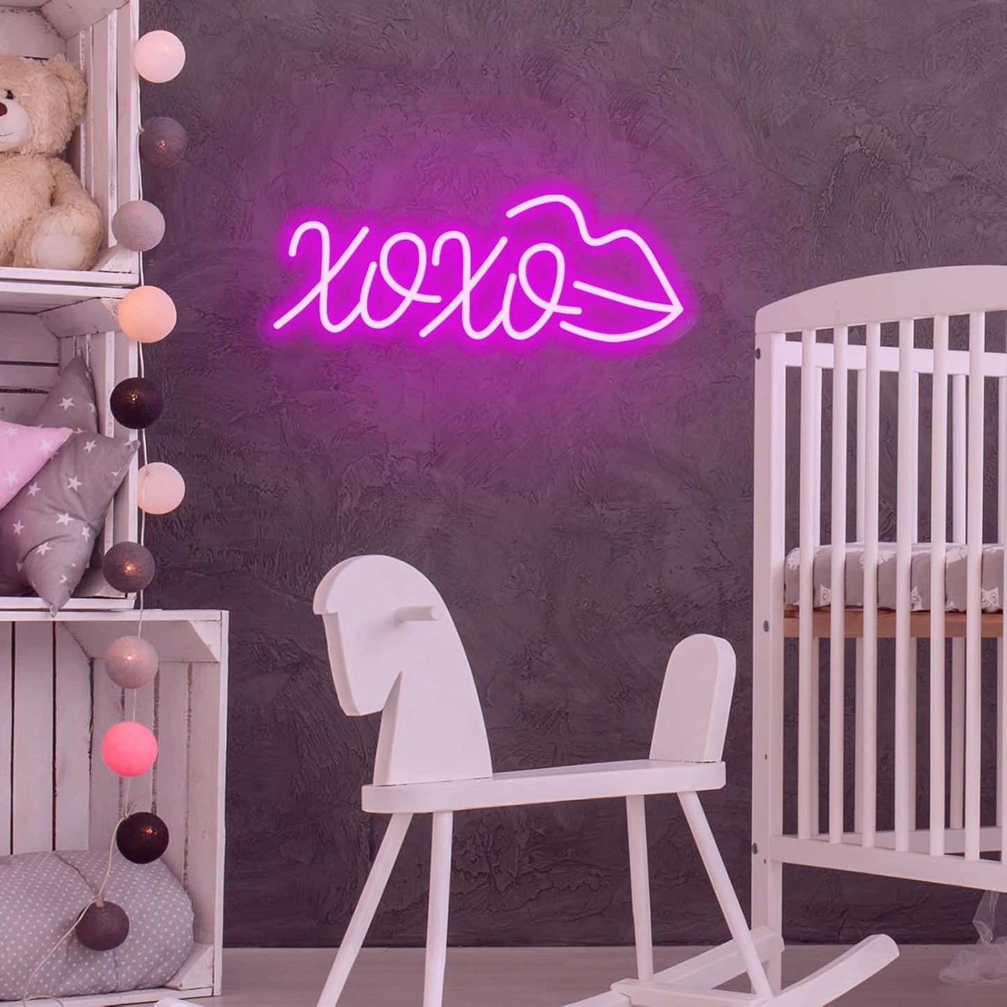 Pink XOXO and lips neon sign – romantic LED wall light for bedroom or gifts