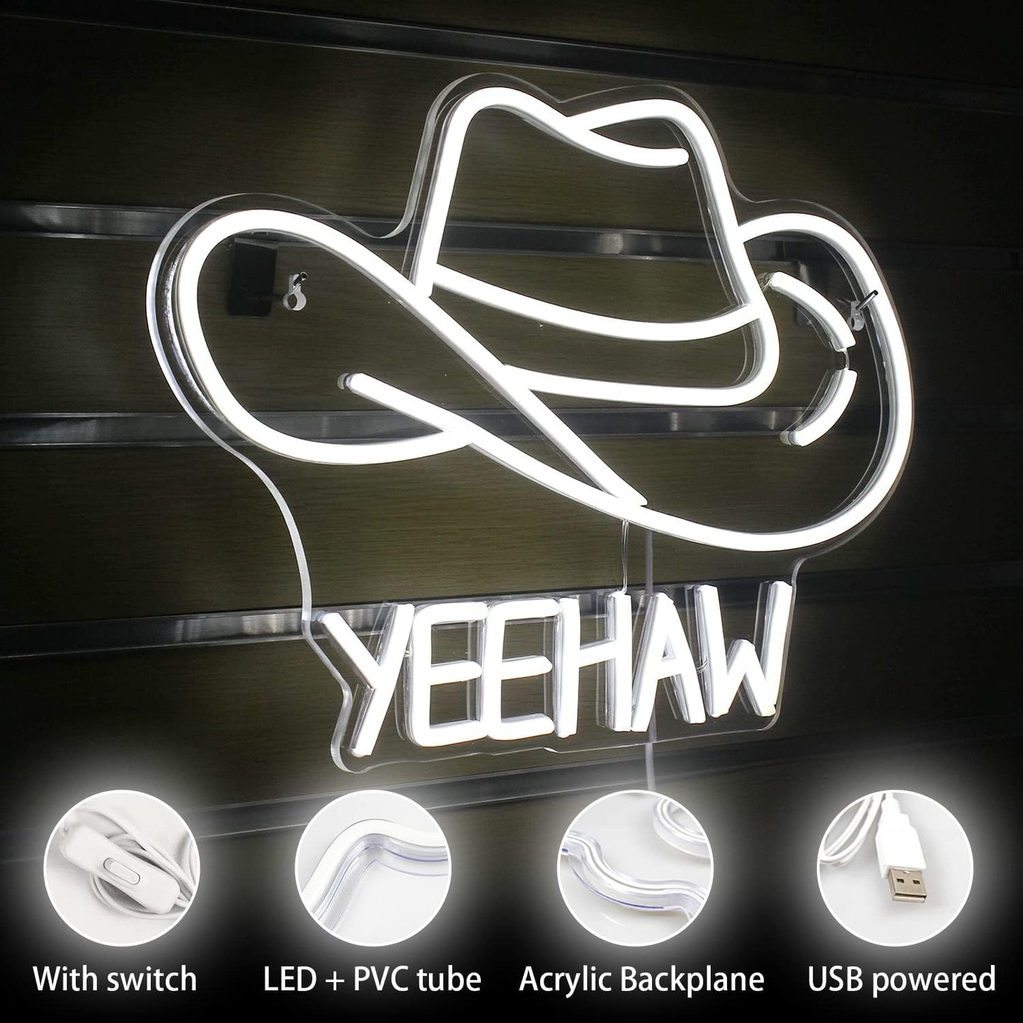 Yeehaw Cowboy Hat Neon Sign - White LED Light for Western Bar & Room Decor - Deen neon