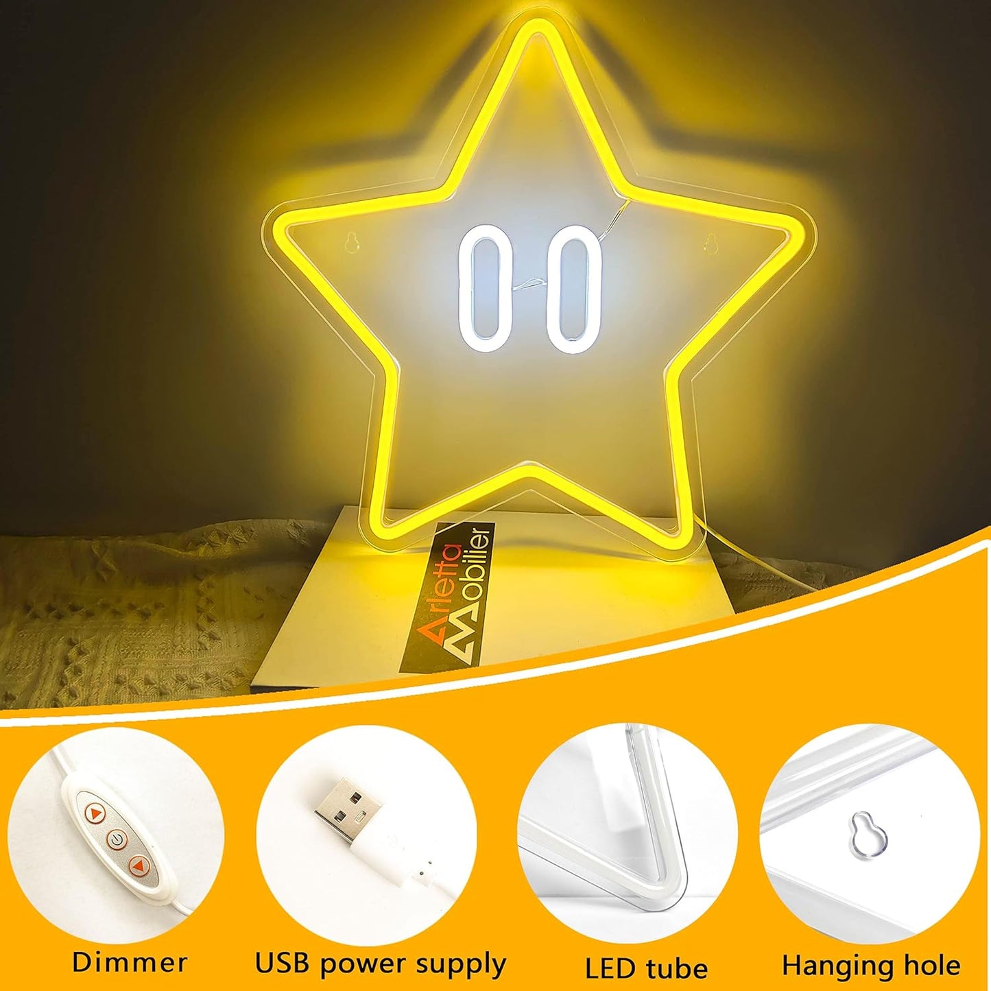 Yellow Star Neon Sign - LED Wall Light for Gaming Room & Kids' Room Decor - Deen neon