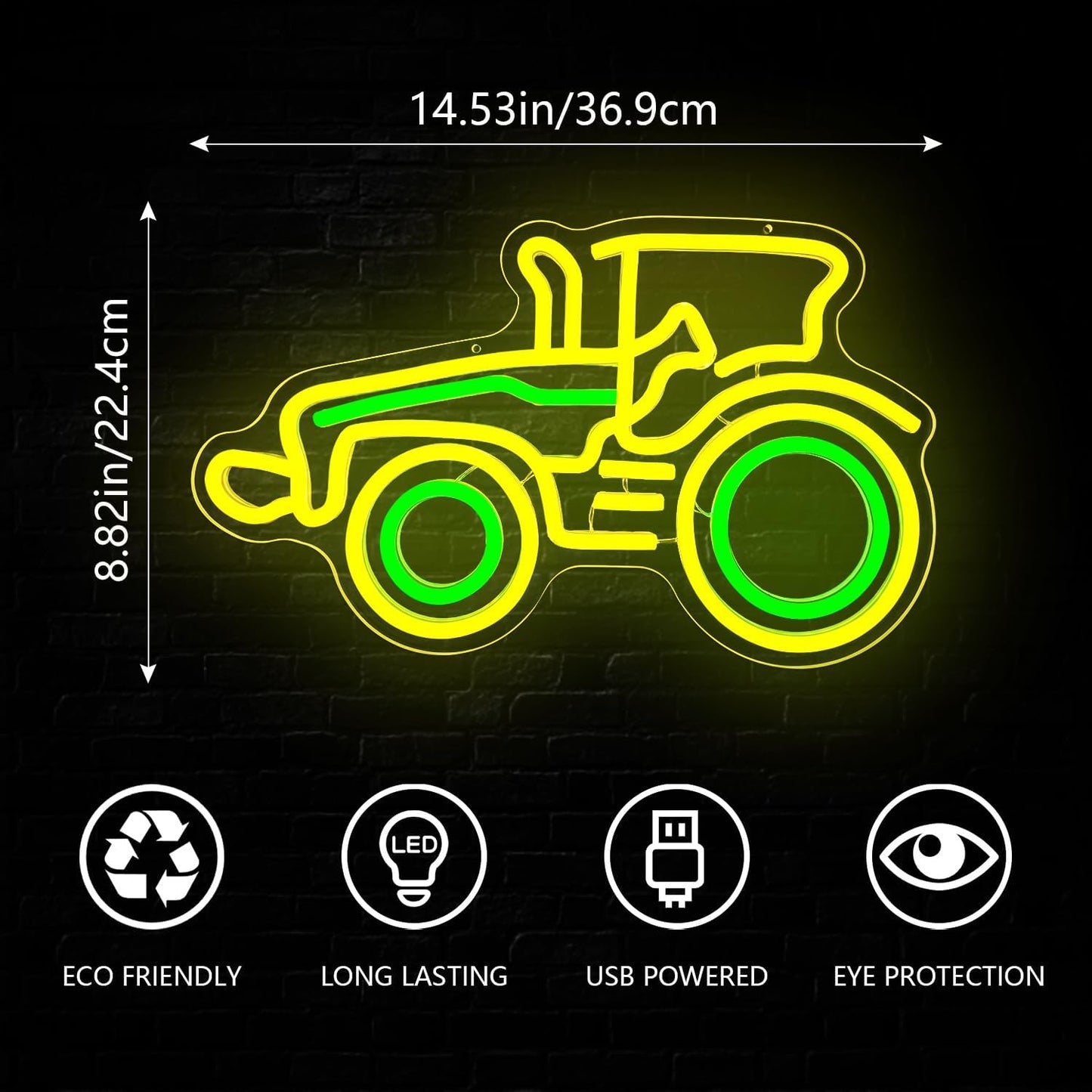 Yellow tractor neon sign – LED wall decor for kids room or farm-themed spaces