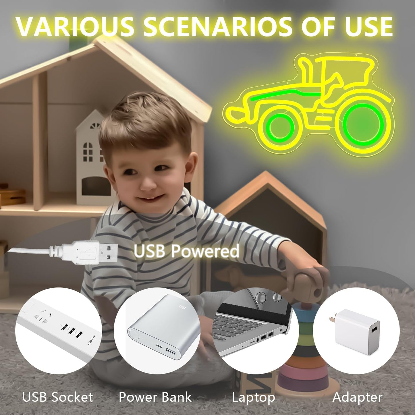 Yellow tractor neon sign – LED wall decor for kids room or farm-themed spaces
