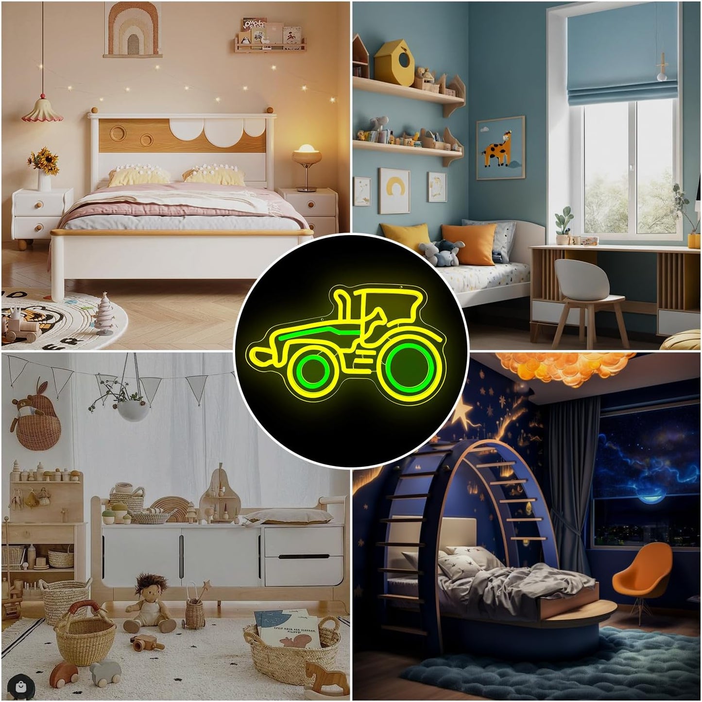 Yellow tractor neon sign – LED wall decor for kids room or farm-themed spaces
