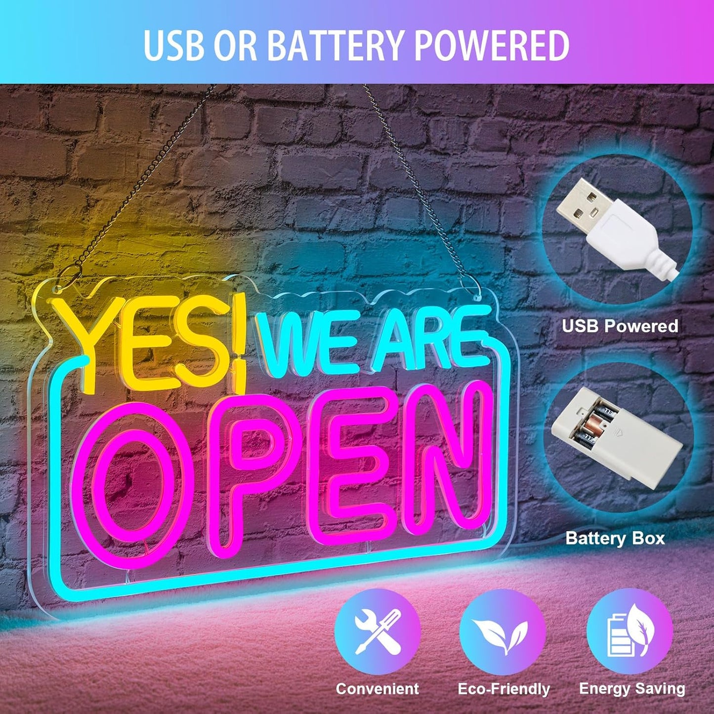 Yes! We Are Open neon sign – LED business shop sign for restaurants, coffee shops, bars, and retail stores