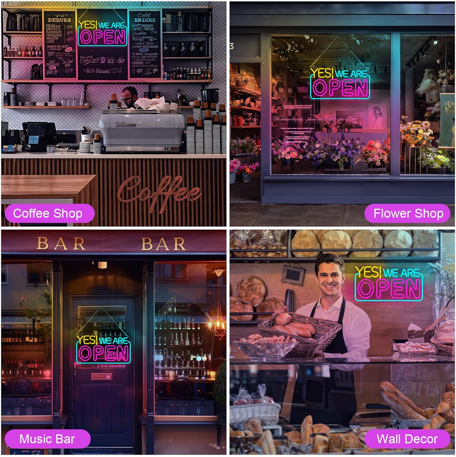 Yes! We Are Open neon sign – LED business shop sign for restaurants, coffee shops, bars, and retail stores