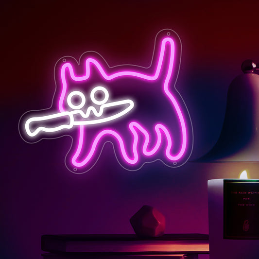 Knife cat Neon Signs for Wall Decor Poker Teens Led Neon Light Blue White Usb Light Sign for Bedroom Casino Bar Hotel Play Room Birthday Party Decor - Deen neon