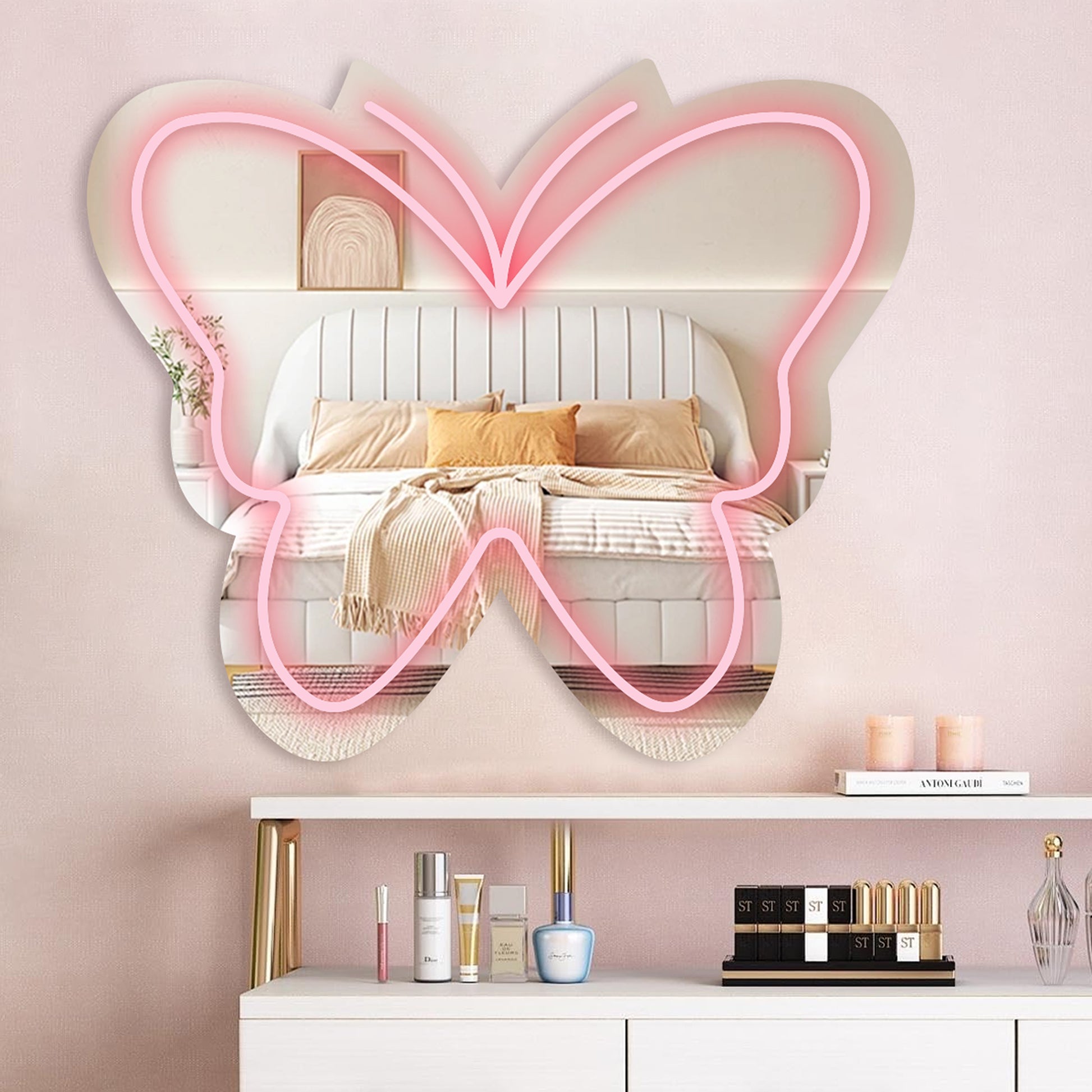 Anime Butterfly Mirror with Light Neon Signs for Locker Room Living Room Girl's Bedroom, Cute Acrylic Mirror with Dimmable for Girl Gifts, Wall Mirror - Deen neon