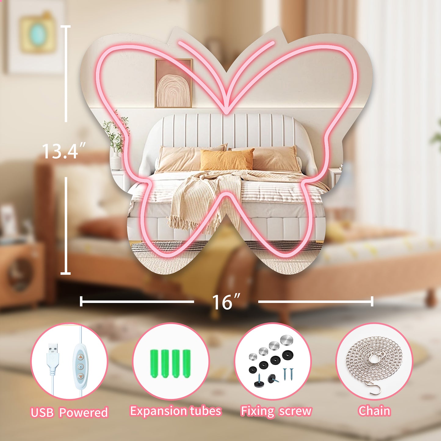 Anime Butterfly Mirror with Light Neon Signs for Locker Room Living Room Girl's Bedroom, Cute Acrylic Mirror with Dimmable for Girl Gifts, Wall Mirror - Deen neon