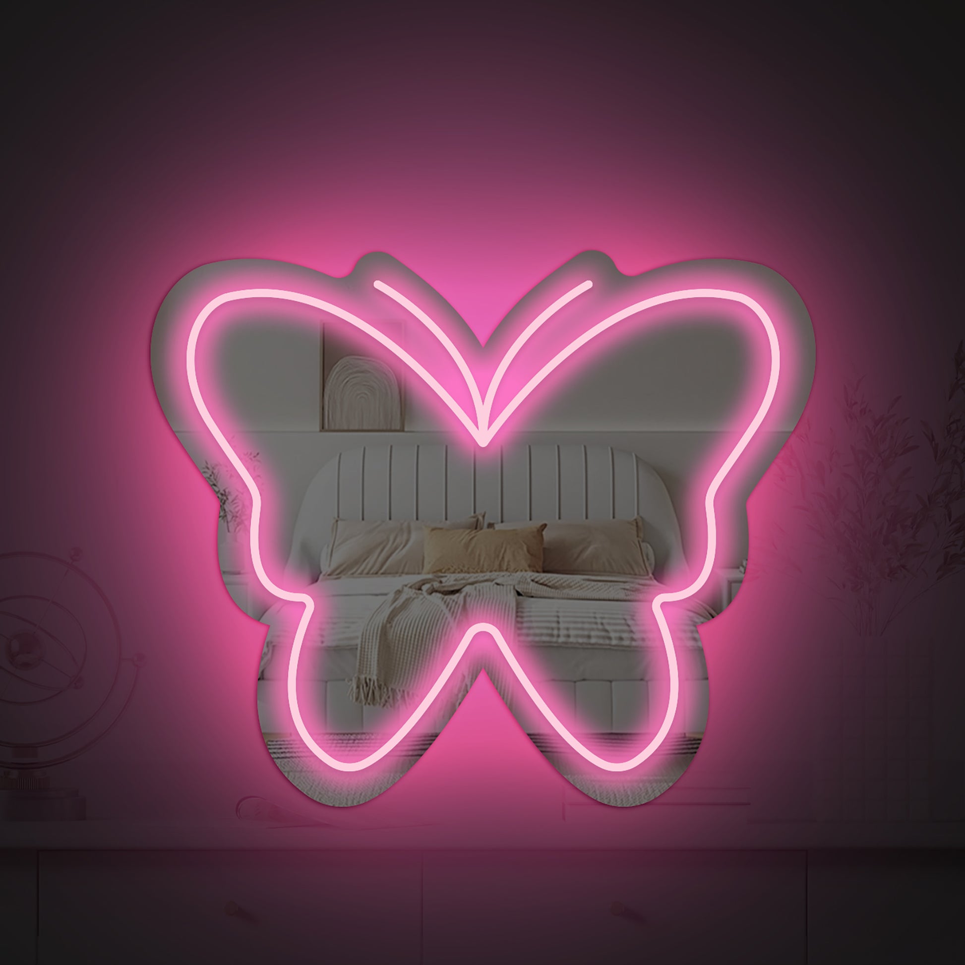 Anime Butterfly Mirror with Light Neon Signs for Locker Room Living Room Girl's Bedroom, Cute Acrylic Mirror with Dimmable for Girl Gifts, Wall Mirror - Deen neon